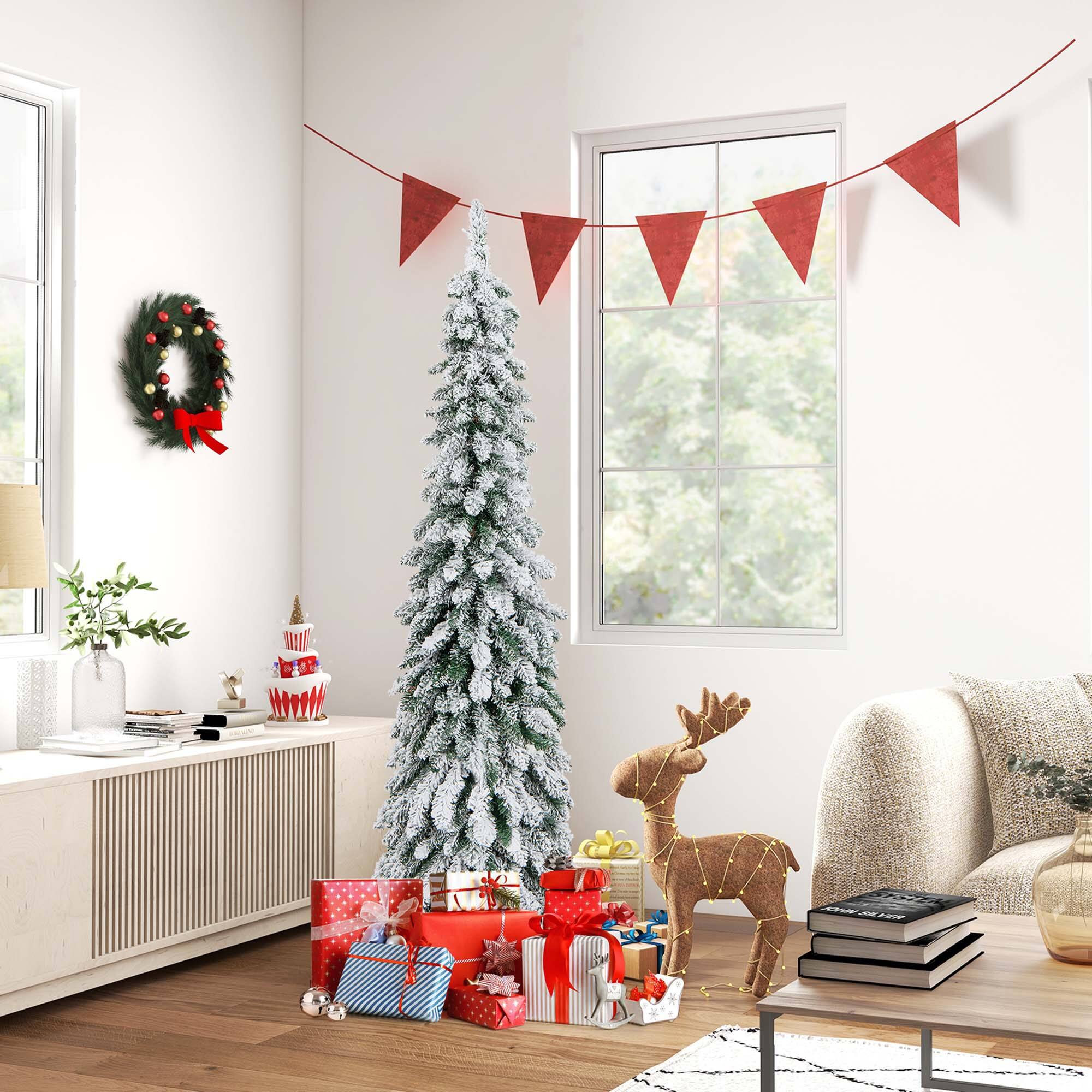 Costway 5 FT Pre-Lit Slim Christmas Tree Flocked Xmas Decoration 11 ...