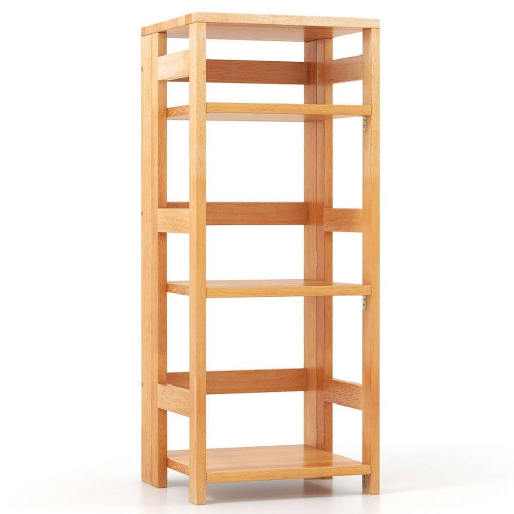 Front. Pefilos - 4-Tier Bookshelf Rubber Wood Bookcase with Side Fences for Living Room-14 inches, High Bookshelf - Brown.