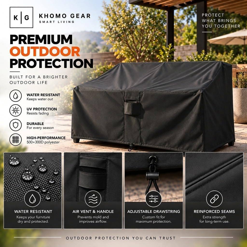 KHOMO GEAR  
SMART LIVING  

PROTECT WHAT BRINGS YOU TOGETHER  

PREMIUM OUTDOOR PROTECTION  
BUILT FOR A BRIGHTER OUTDOOR LIFE  

- WATER RESISTANT  
  Keeps water out  

- UV PROTECTION  
  Resists fading  

- DURABLE  
  For every season  

- HIGH-PERFORMANCE  
  500x300D polyester  

- WATER RESISTANT  
  Keeps your furniture dry and protected.  

- AIR VENT & HANDLE  
  Prevents mold and improves airflow.  

- ADJUSTABLE DRAWSTRING  
  Custom fit for maximum protection.  

- REINFORCED SEAMS  
  Extra strength for long-term use.  

OUTDOOR PROTECTION YOU CAN TRUST