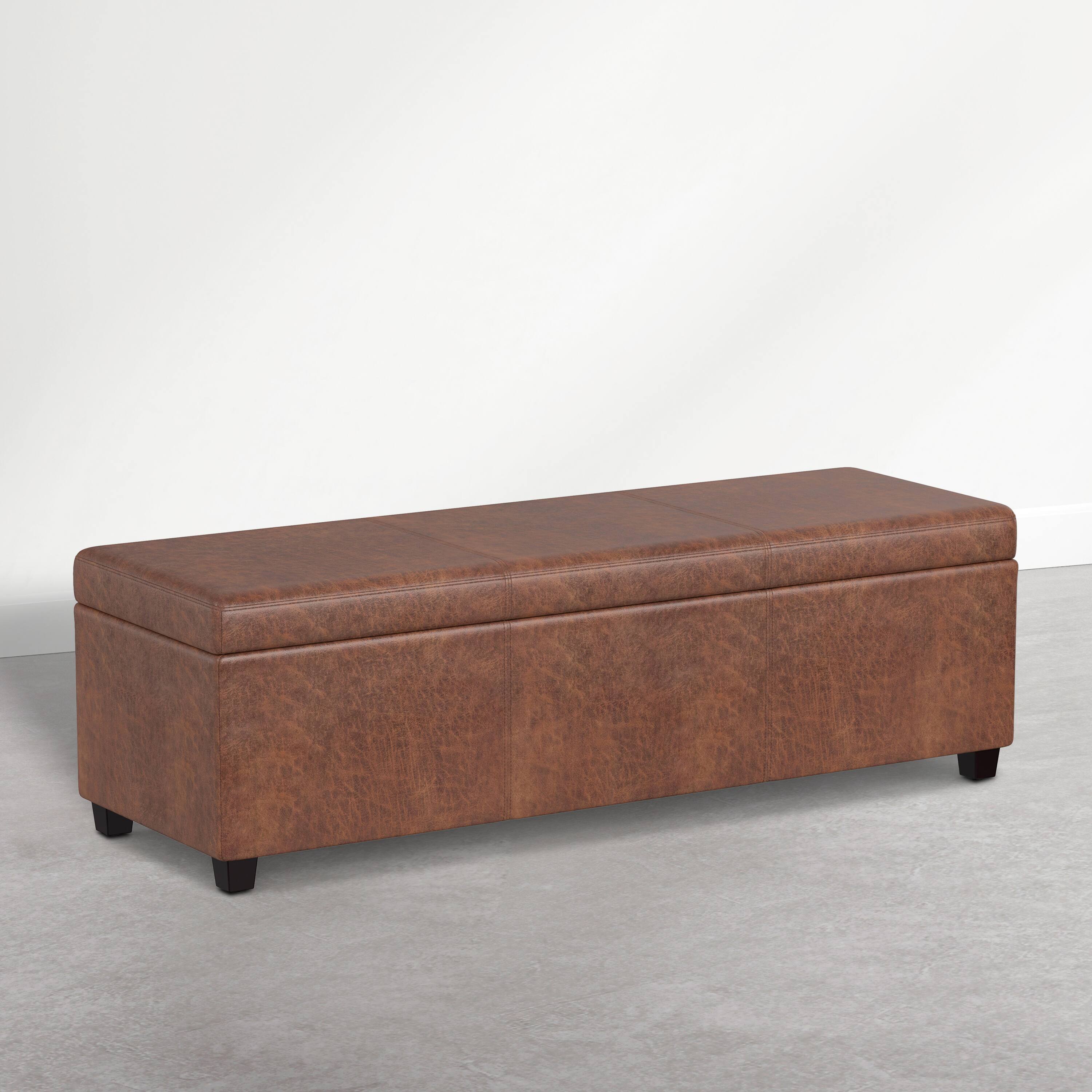 Angle. Simpli Home - Avalon 54 inch Wide Upholstered Solid Wood Rectangular Ottoman Bench, Distressed Pecan Brown - Distressed Pecan Brown.