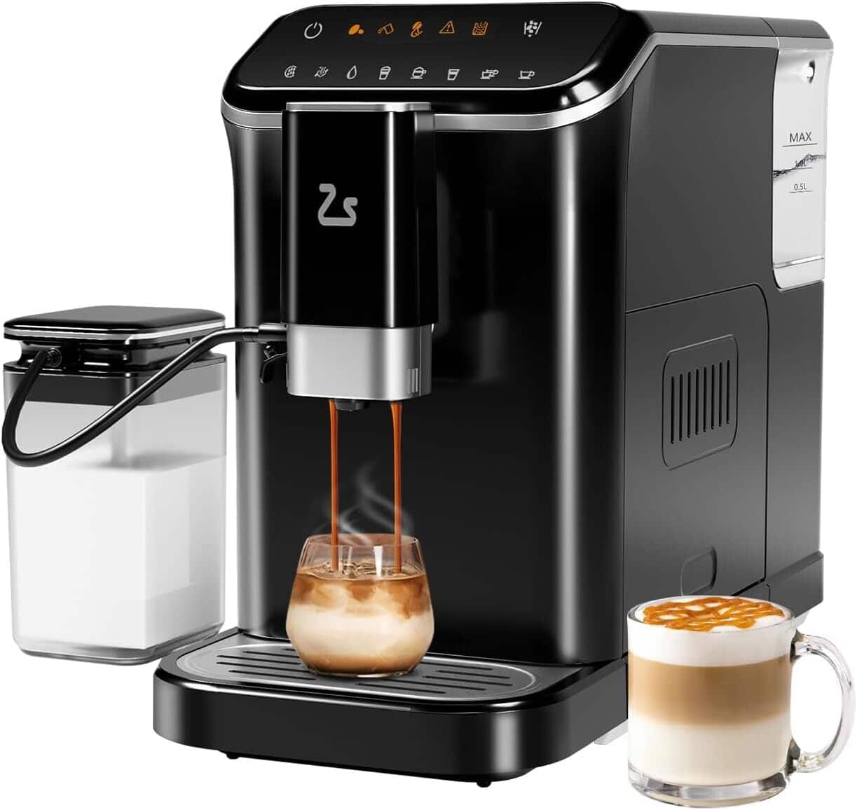 Acekool - 20 Bar Fully Automatic Espresso Machine, Automatic Milk Frother, Built-In Grinder - Black