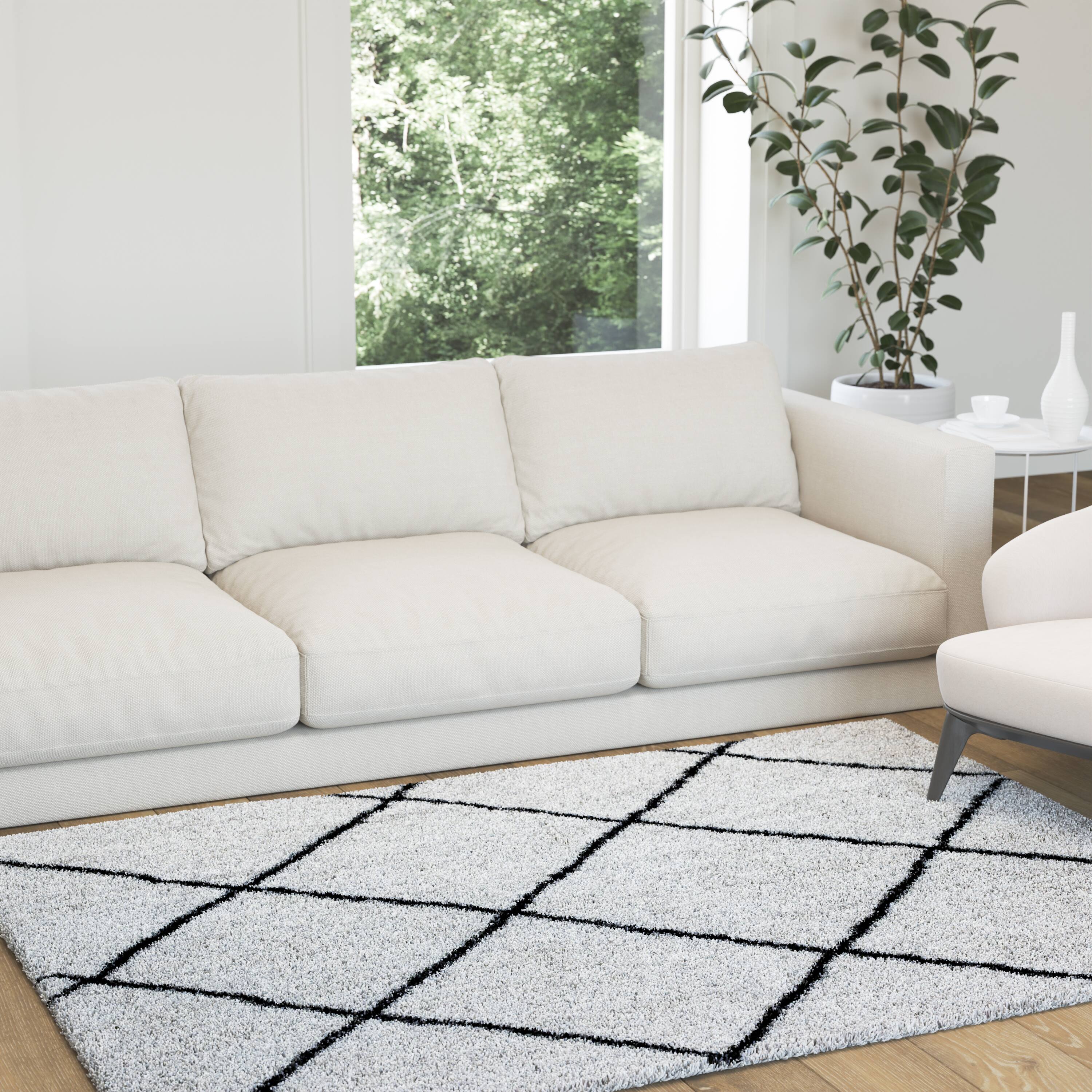 Alt View 2. Emma + Oliver - Diamond Trellis Shag Style Indoor Area Rug - Ivory/Black.