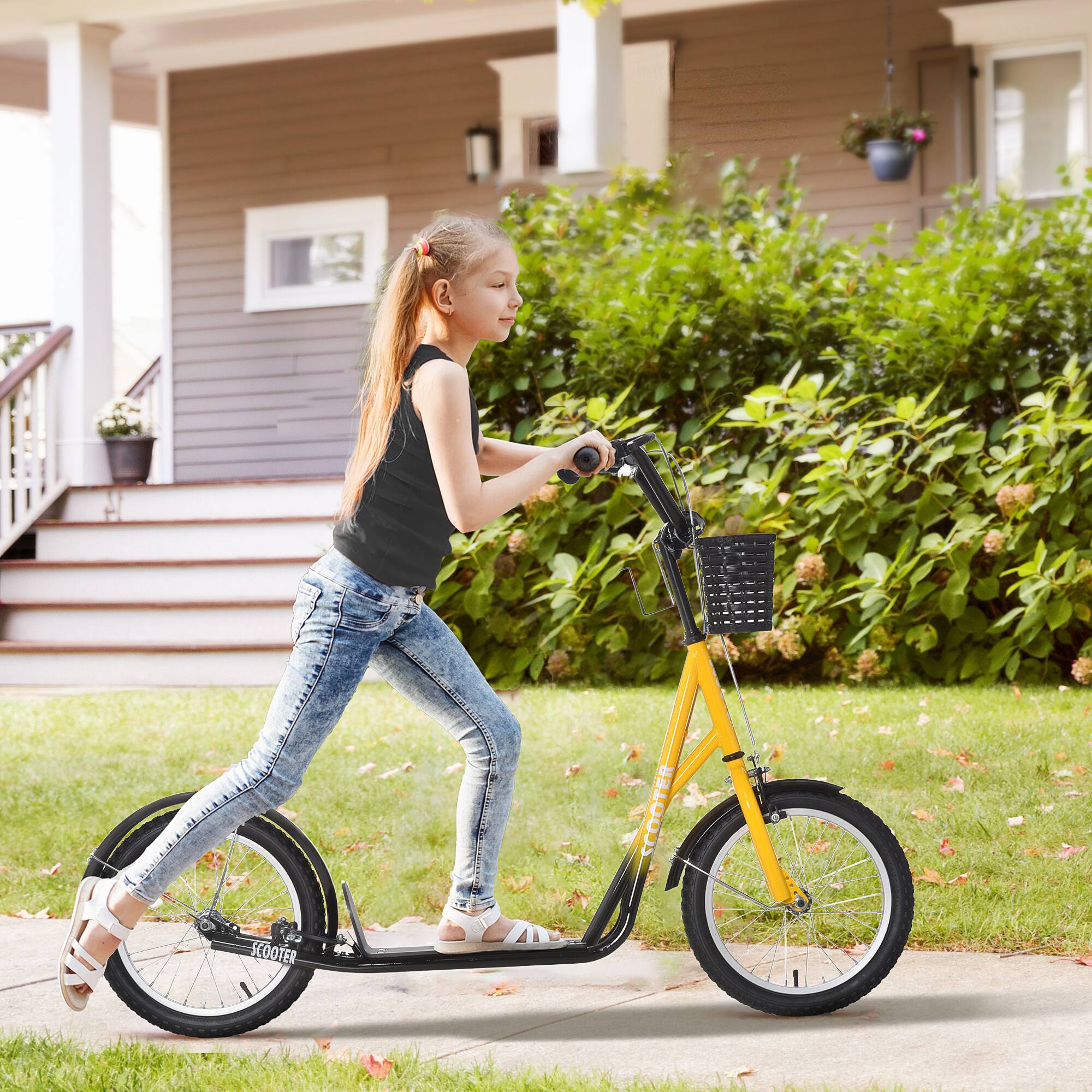 Angle. Aosom - Youth Scooter, Kick Scooter with Adjustable Handlebars, Double Brakes, 16" Inflatable Rubber Tires, Basket, Cupholder - Orange.