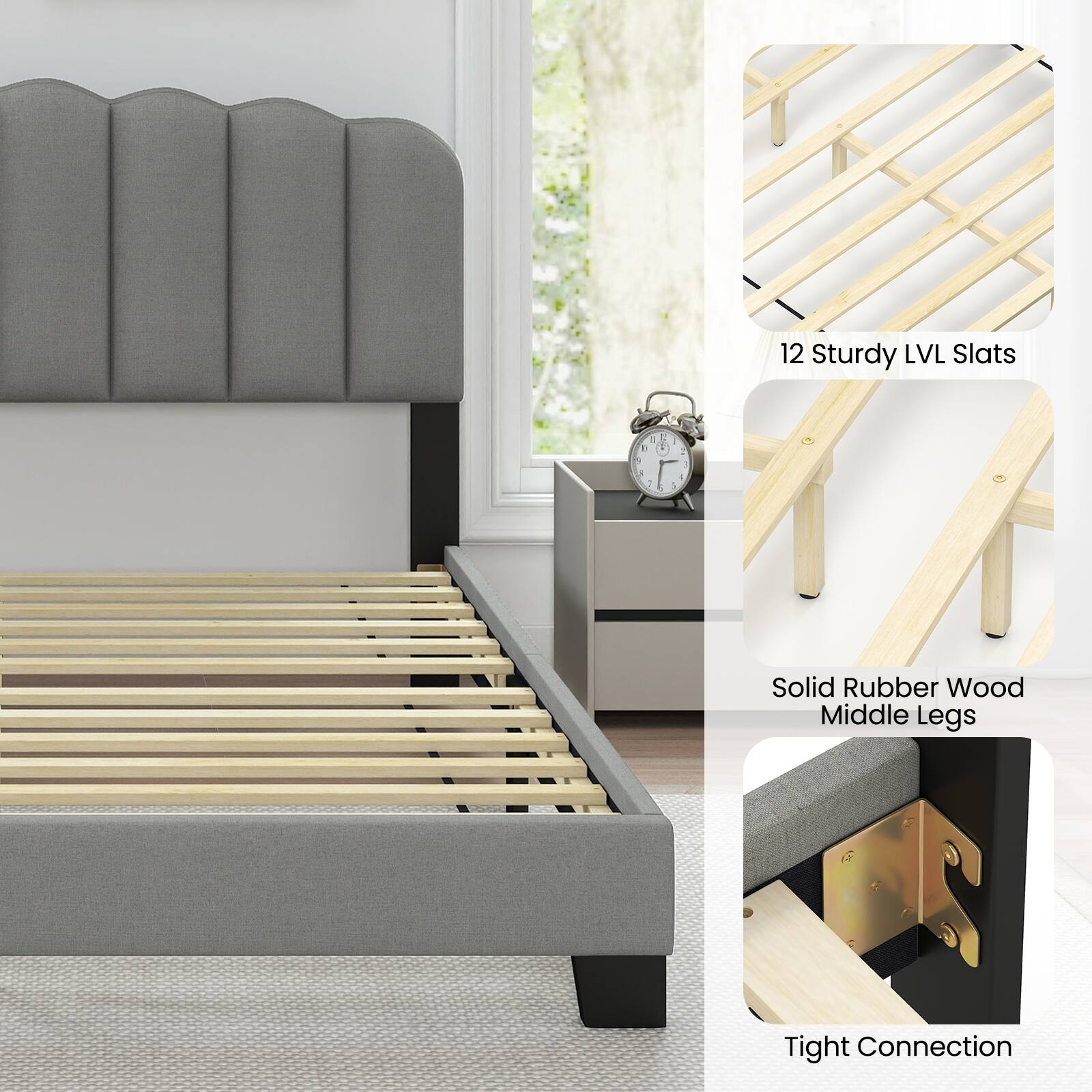 12 Sturdy LVL Slats  
Solid Rubber Wood Middle Legs  
Tight Connection