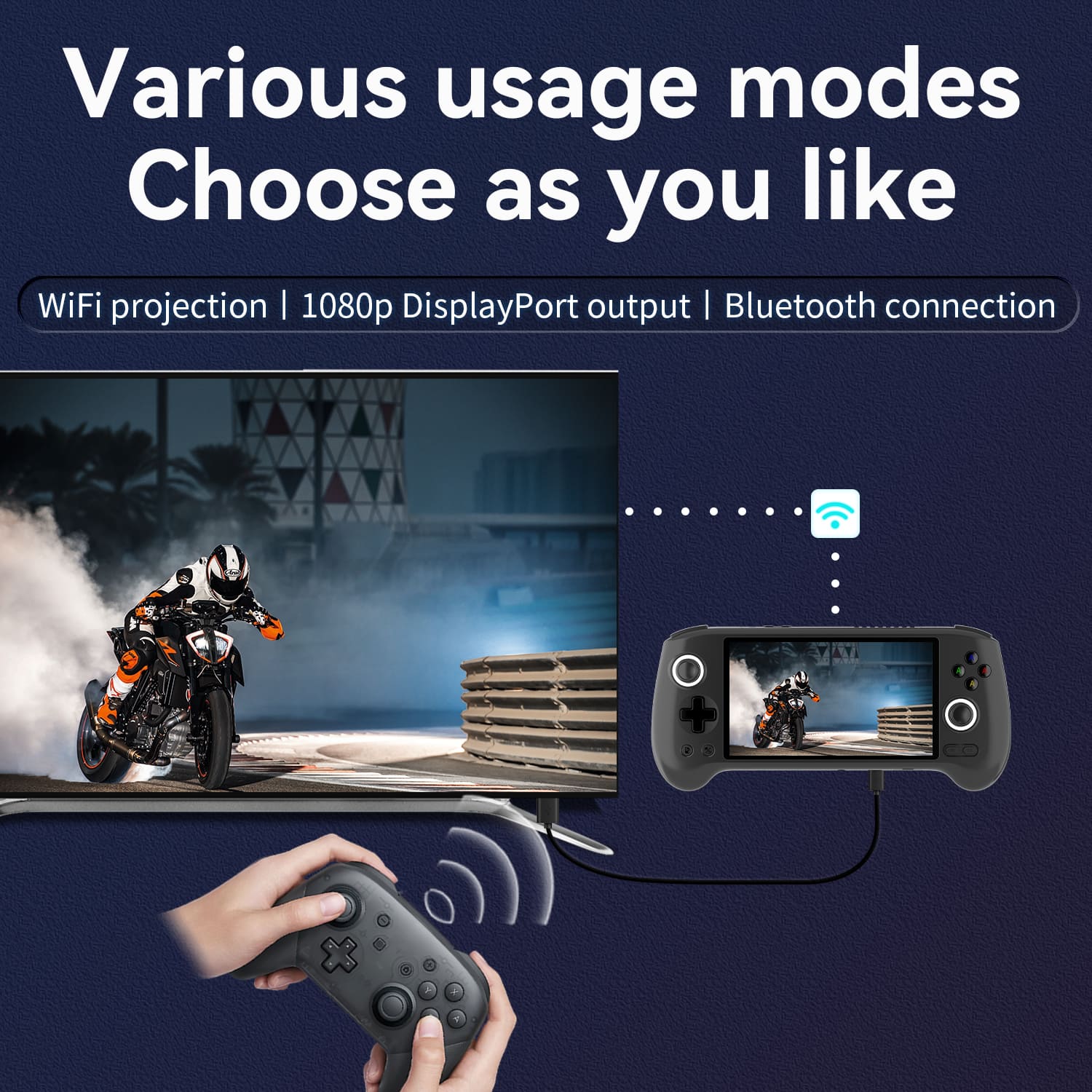 Various usage modes are available for you to choose from, including WiFi projection, 1080p DisplayPort output, and Bluetooth connection.