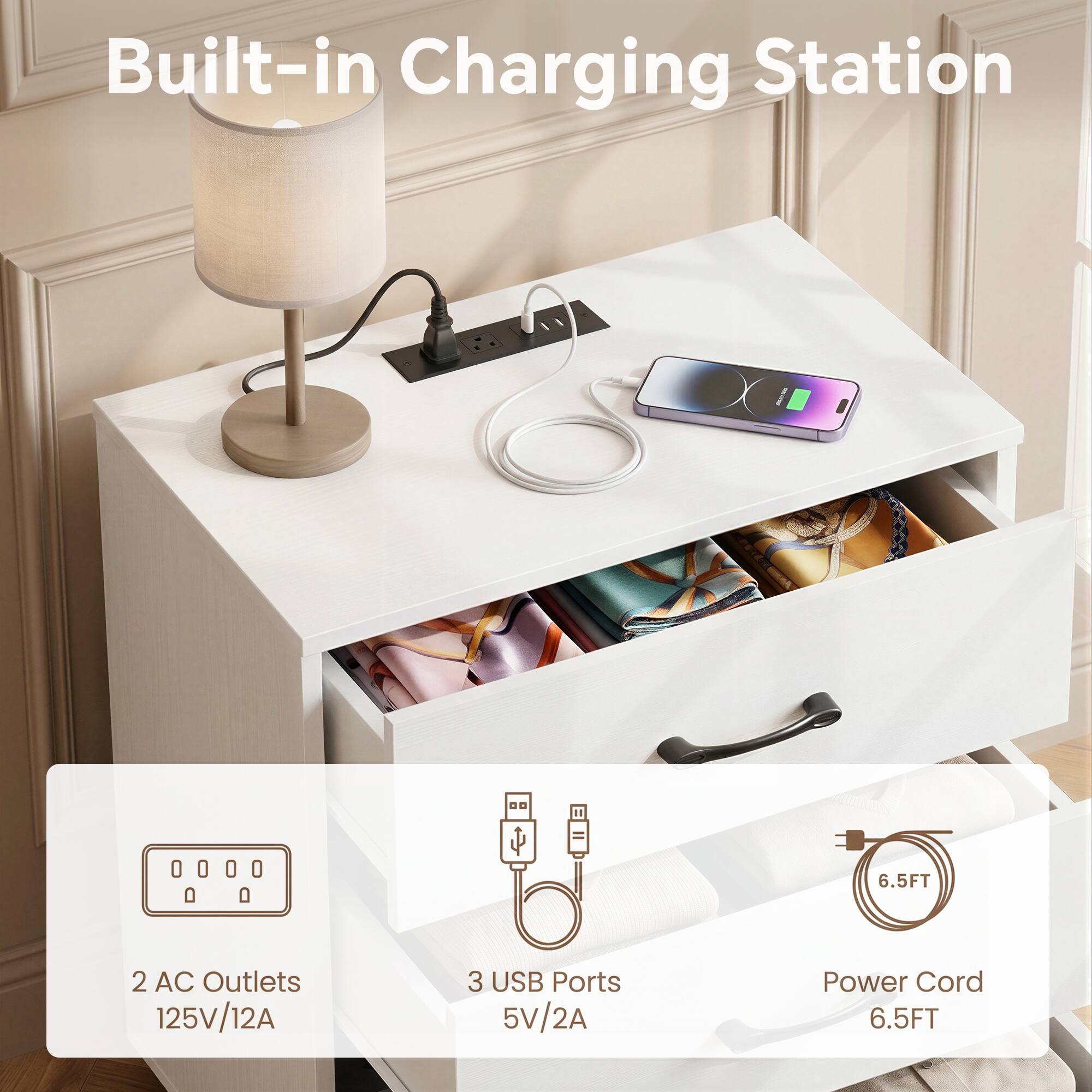 Built-in Charging Station  
2 AC Outlets 125V/12A  
3 USB Ports 5V/2A  
6.5FT Power Cord