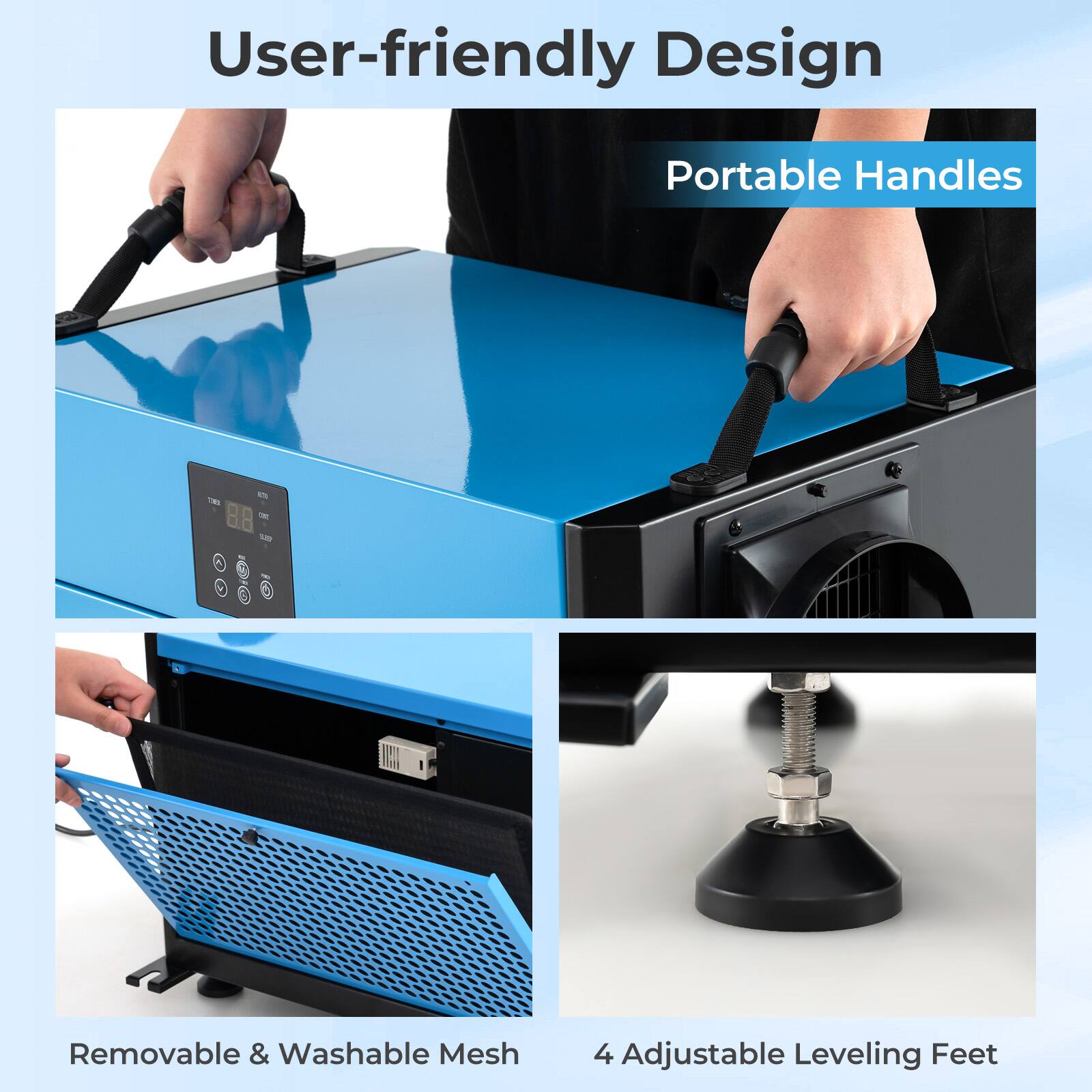 User-friendly Design Portable Handles - Removable & Washable Mesh - 4 Adjustable Leveling Feet