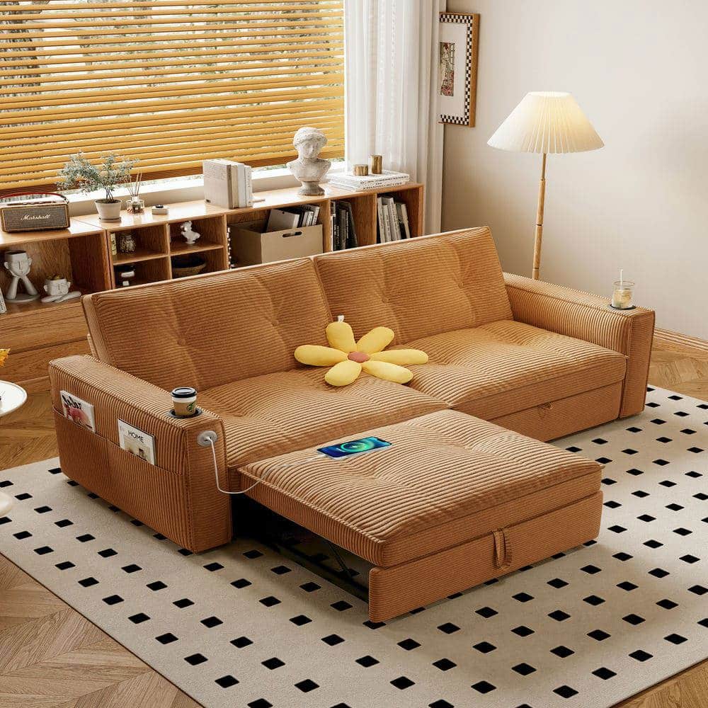 Resenkos - 2-in-1 Multi-Functional Sofa Bed for Sitting & Sleeping, Modern Corduroy Fabric Sofa for Living Room, Orange - Orange