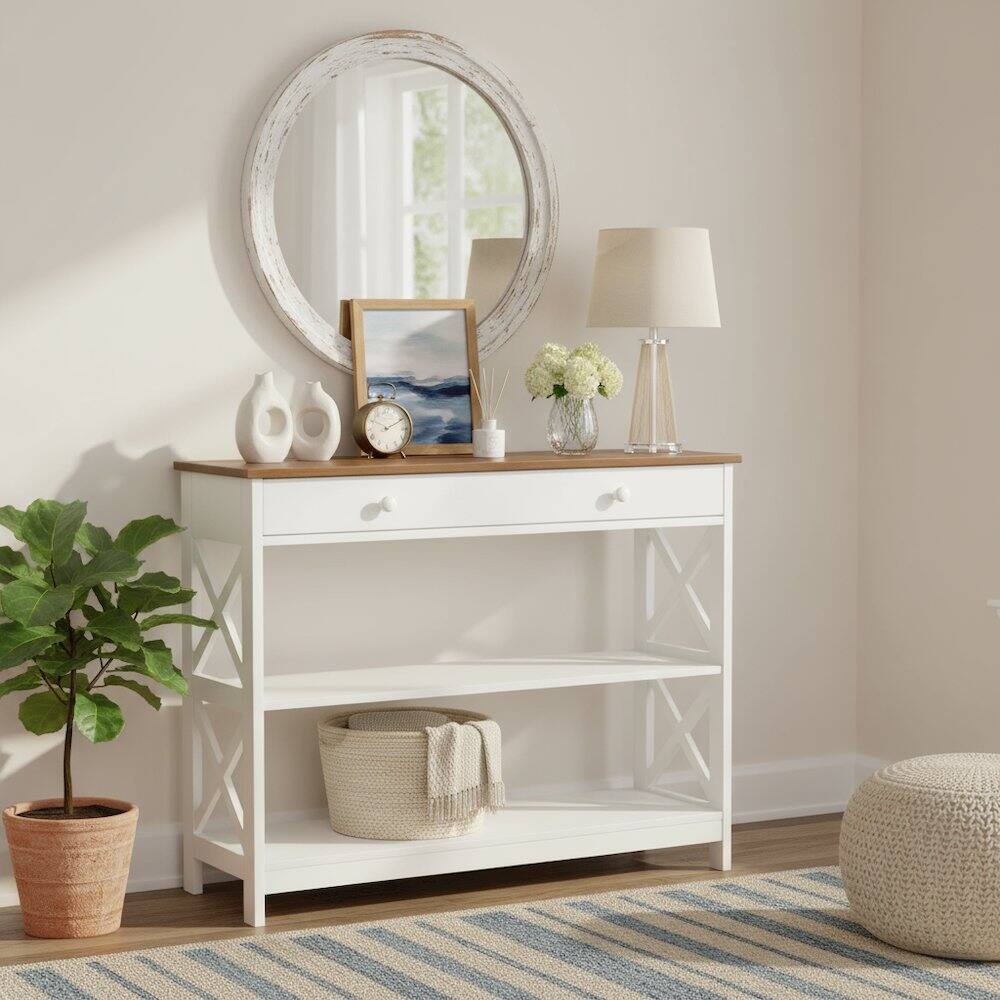 Back. FurniFact - Console Table with 1 Drawer and 3 Shelves - Driftwood/White.
