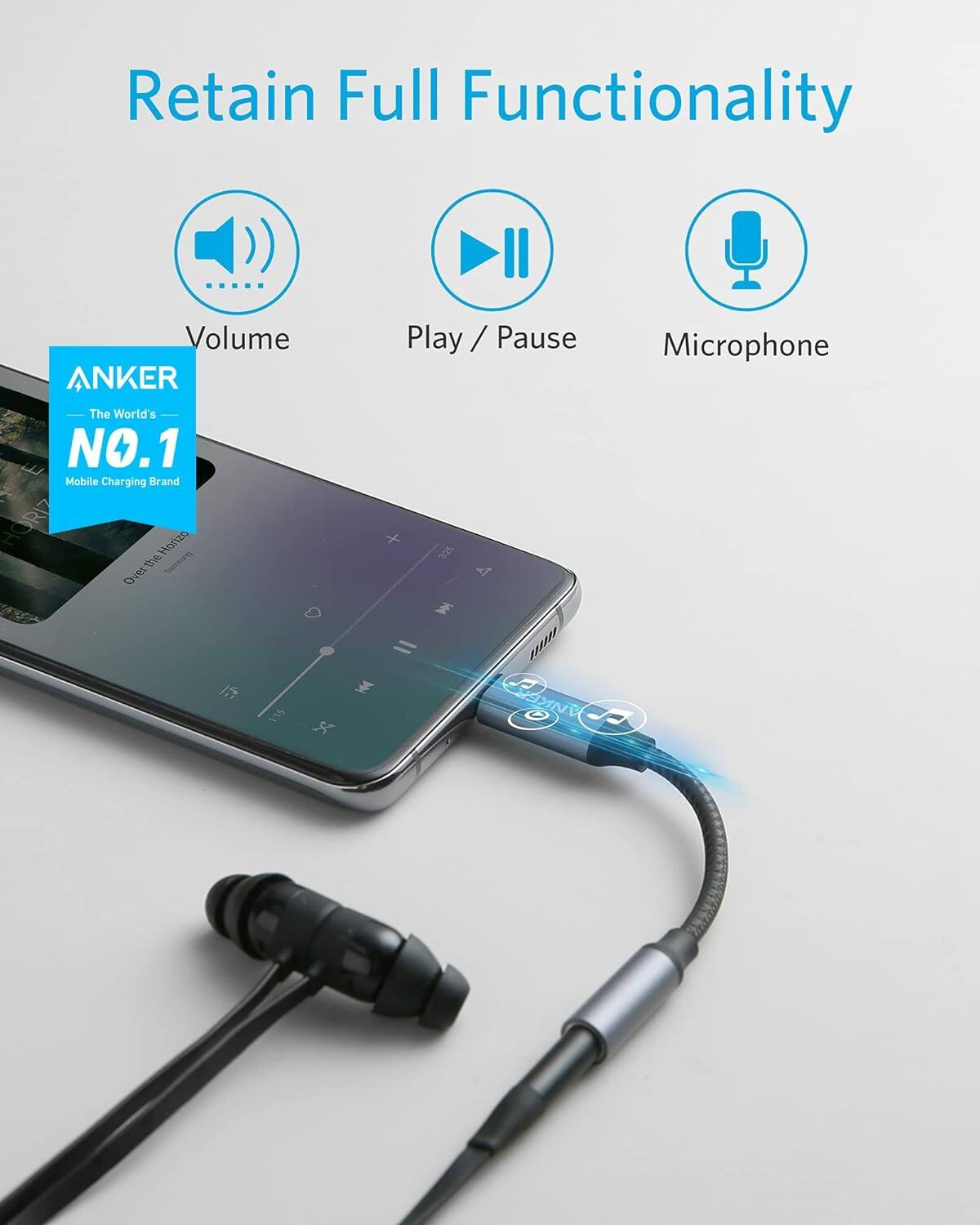 Retain Full Functionality

Volume  
Play / Pause  
Microphone

ANKER  
The World's NO.1 Mobile Charging Brand