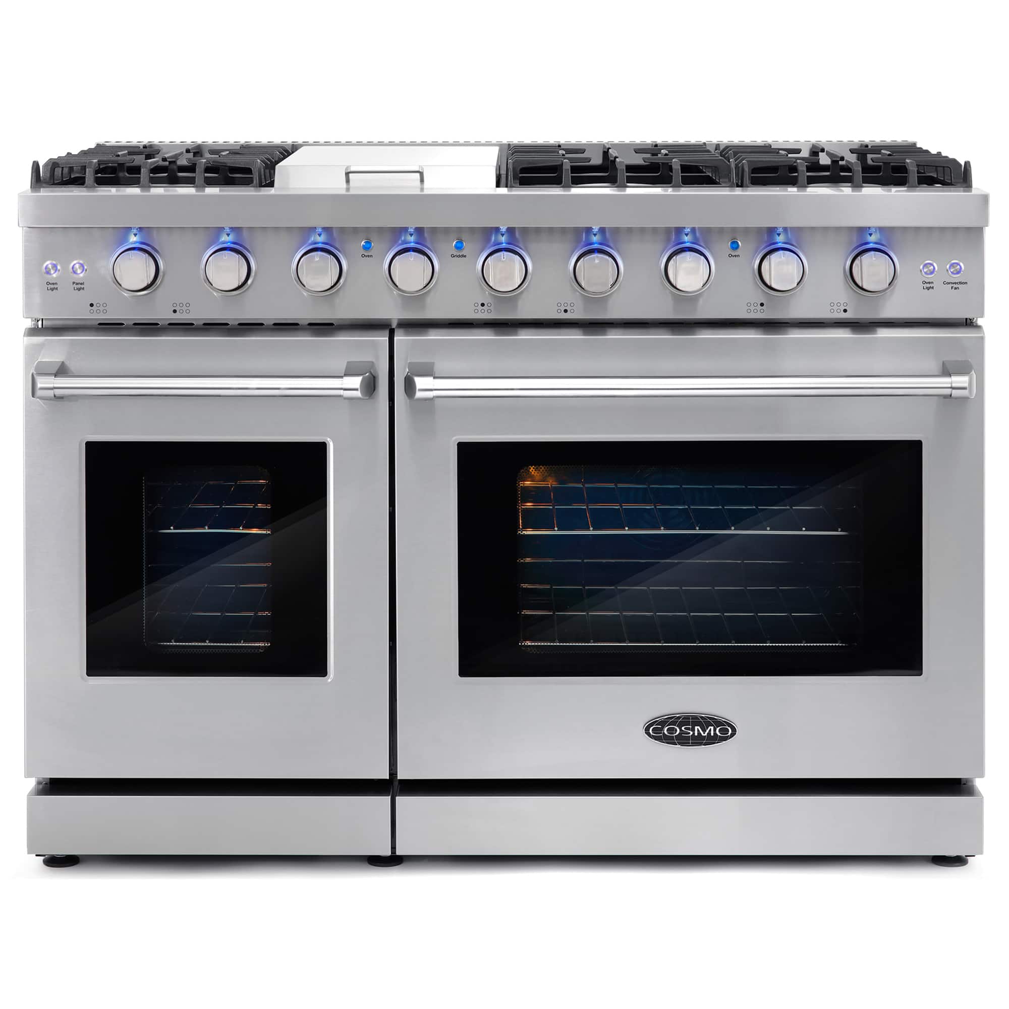 COSMO - COS-EPGR486G 48 in. Haven Collection 7 cu. ft. Double Oven Gas Range, 6 Burners, Griddle, Convection, Knob LEDs - Stainless Steel