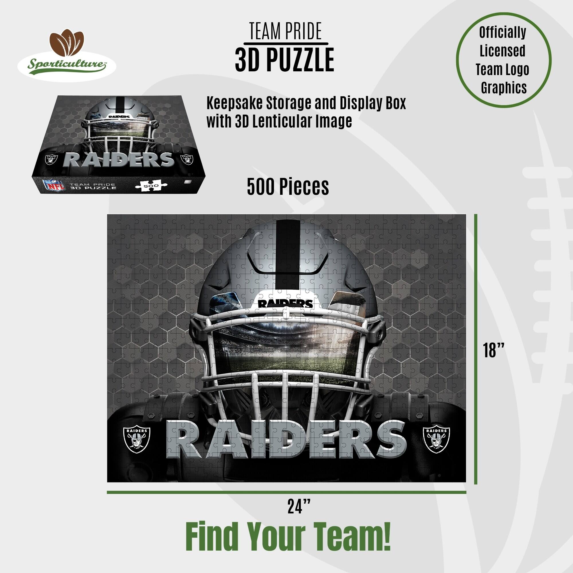 Sporticulture; - TEAM PRIDE 3D PUZZLE Keepsake Storage and Display Box with 3D Lenticular Image Officially Licensed Team Logo Graphics RAIDERS 500 Pieces RAIDERS 18" RAIDERS 24" Find Your Team!