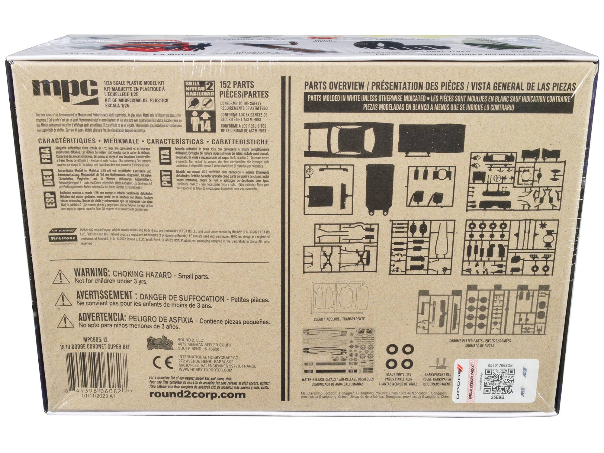 Sure, here is the corrected and grouped text from the image:

---

**mpc**

**1/25 SCALE PLASTIC MODEL KIT**  
**KIT MAQUETTE EN PLASTIQUE À L'ÉCHELLE 1/25**  
**KIT DE MODELISMO DE PLÁSTICO A ESCALA 1/25**

**SKILL LEVEL 2**  
**NIVEAU 2**  
**HABILIDAD 2**

**152 PARTS**  
**PIECES/PARTES**

**CONFORMS TO THE SAFETY REQUIREMENTS OF ASTM F963**  
**CONFORME AUX EXIGENCES DE SÉCURITÉ DE ASTM F963**  
**CONFORMA A LOS REQUISITOS DE SEGURIDAD DE ASTM F963**

**PARTS OVERVIEW / PRÉSENTATION DES PIÈCES / VISTA GENERAL DE LAS PIEZAS**  
**PIECES MOLDÉES EN BLANC SAUF INDICATION CONTRAIRE**

**CHARACTERISTICS / CARACTERÍSTICAS / CARATTERISTICHE**  
**FILM**  
**Molded in white unless otherwise indicated**