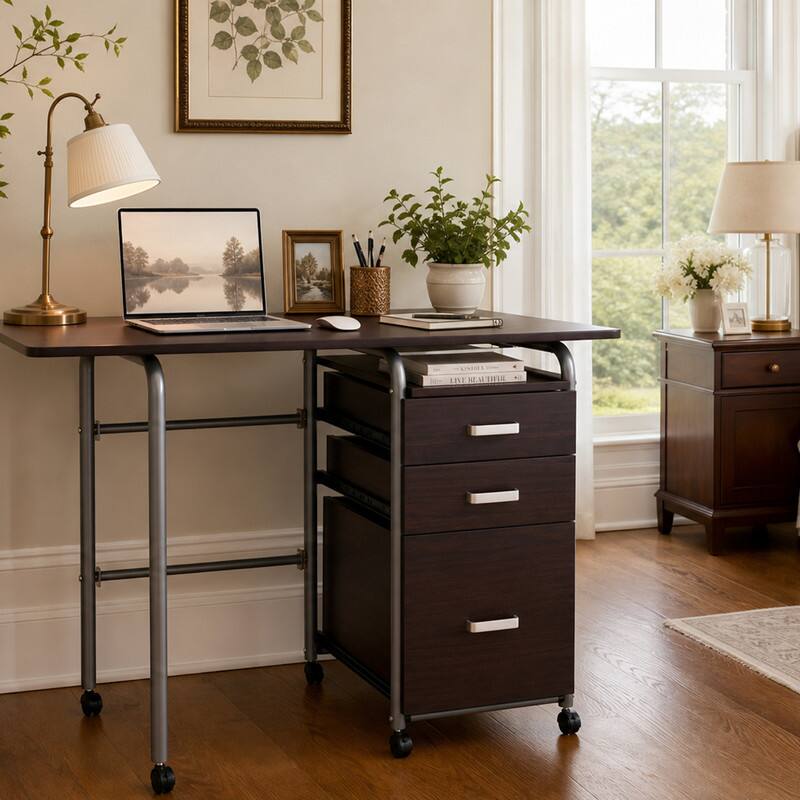 Angle. WELLFOR - Folding Computer Desk with 3 Drawers & Desk, 41.5" Home Office Desk for Small Spaces - Brown.