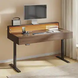 ModernMate - 55 Inch Standing Desk with 2 Drawers & Hidden Storage, Motion-Sensor Light, Built-in Power Outlet - Black Walnut