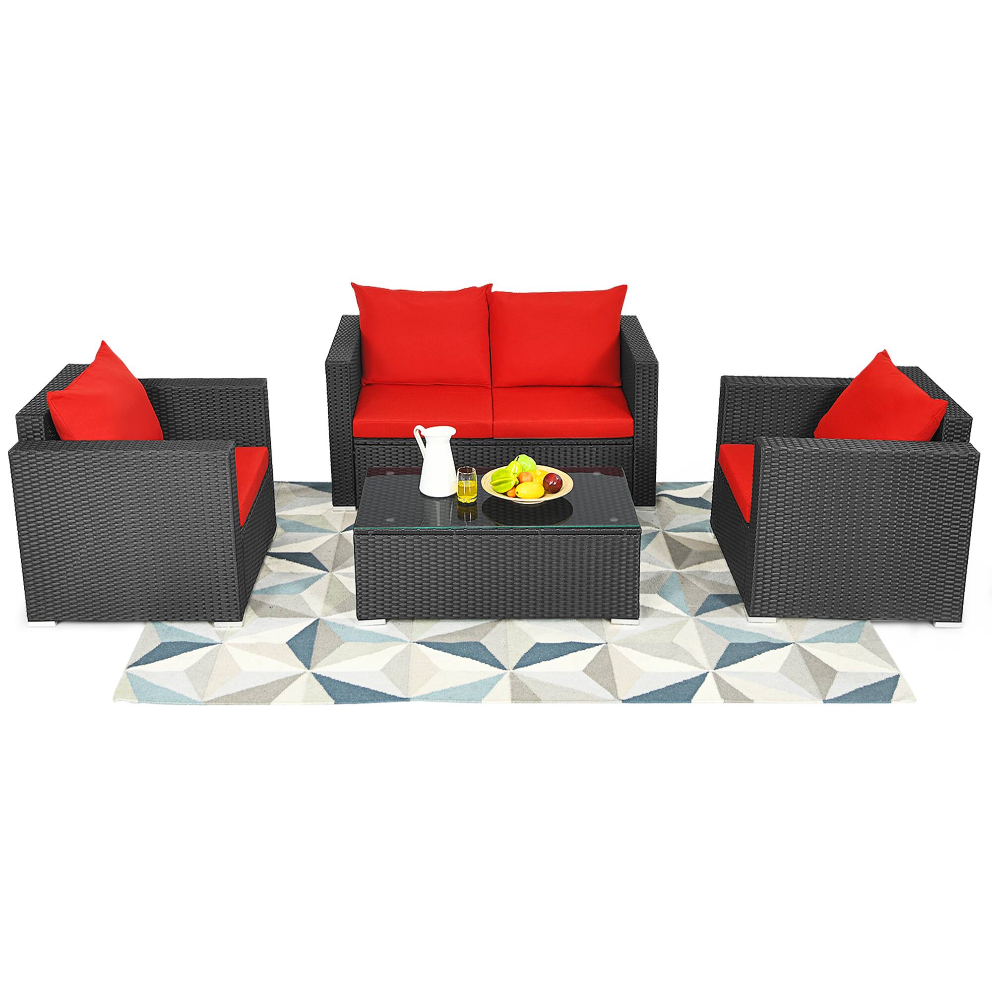 Alt View 1. Gymax - Gymax 4PCS Rattan Patio Conversation Set Outdoor Furniture Set w/ Red Cushions - Red.