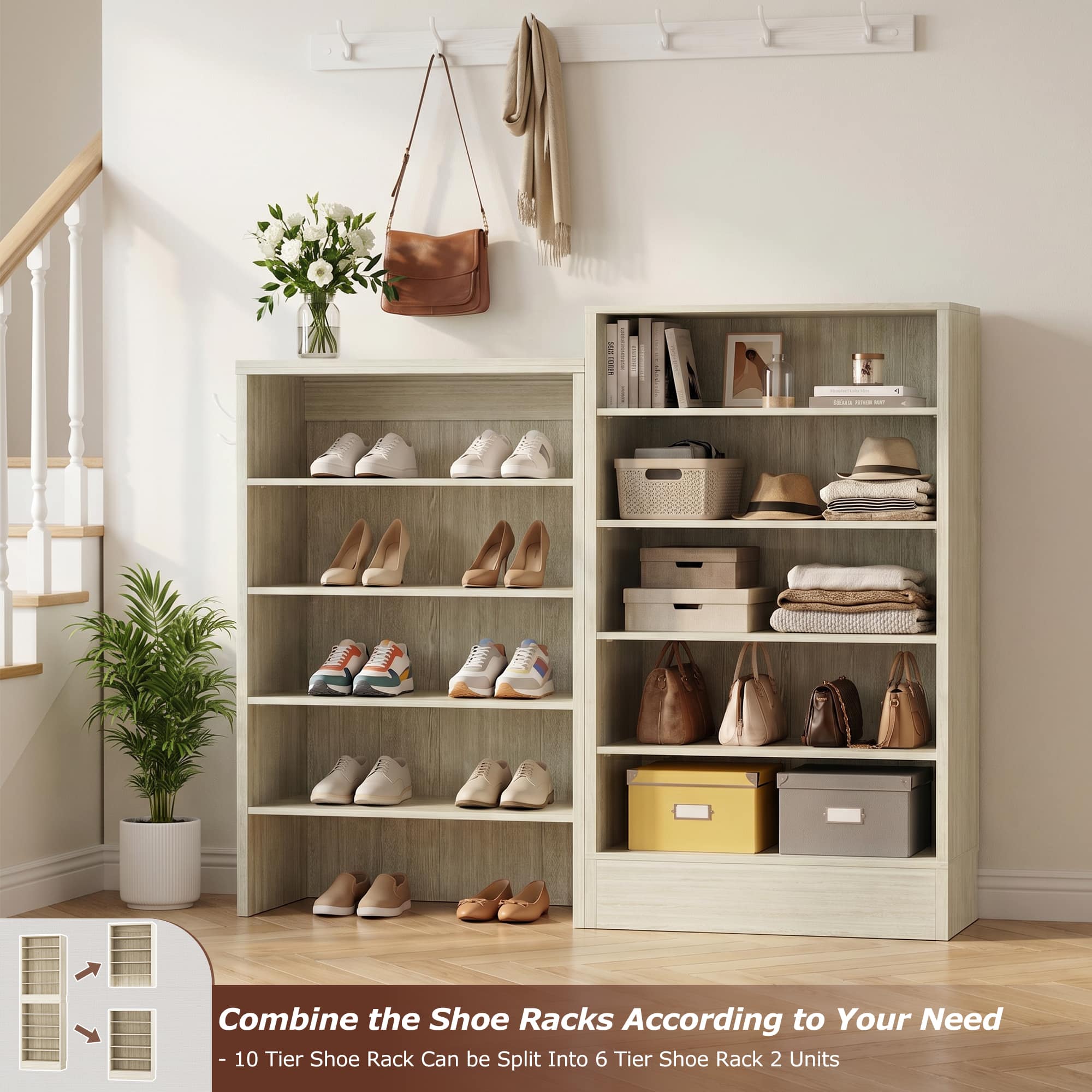 Aheaplus 79.5'' Tall 10 Tier Freestanding Wooden Shoe Rack Tower