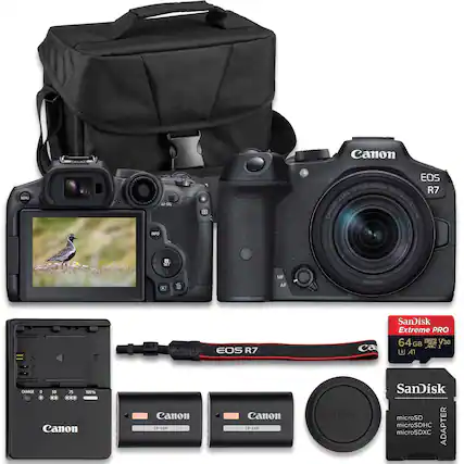 Canon EOS R7 with RF 18-150mm f/3.5-6.3 IS STM Lens
Canon LP-E6N Battery
Canon Charger
SanDisk Extreme PRO 64GB microSDXC Card
SanDisk microSD Adapter
