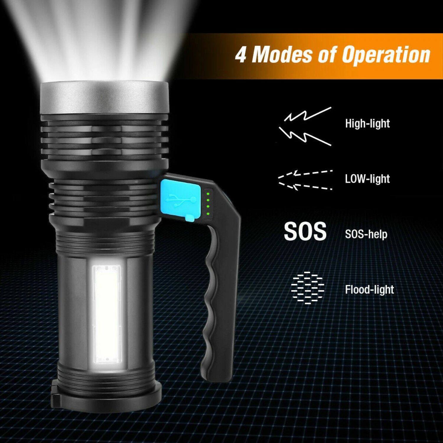 4 Modes of Operation

- High-light
- LOW-light
- SOS-help
- Flood-light