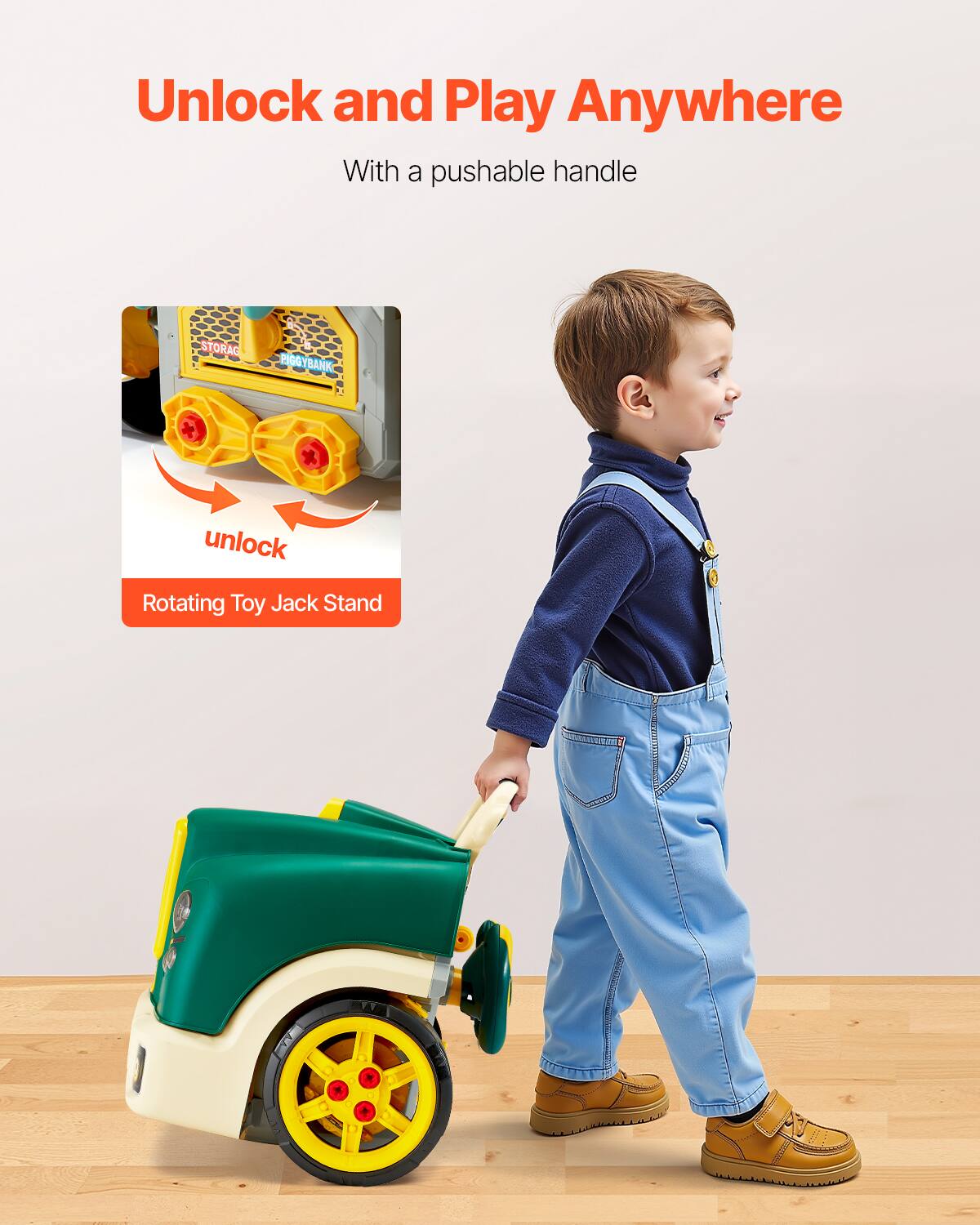 Unlock and Play Anywhere  
With a pushable handle  

unlock  
Rotating Toy Jack Stand