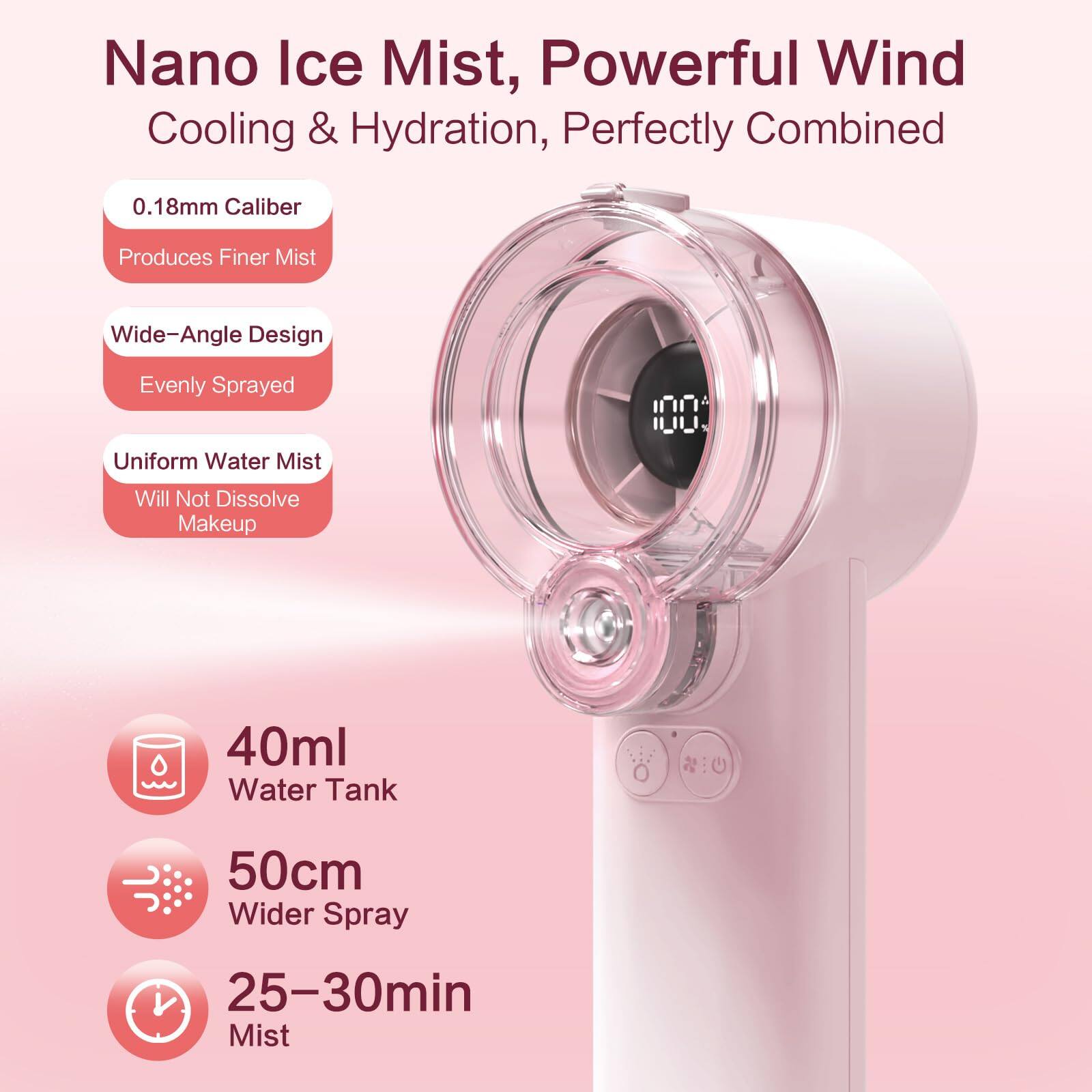 Nano Ice Mist, Powerful Wind Cooling & Hydration, Perfectly Combined  
0.18mm Caliber Produces Finer Mist  
Wide-Angle Design Evenly Sprayed  
Uniform Water Mist Will Not Dissolve Makeup  
40ml Water Tank  
50cm Wider Spray  
25-30min Mist