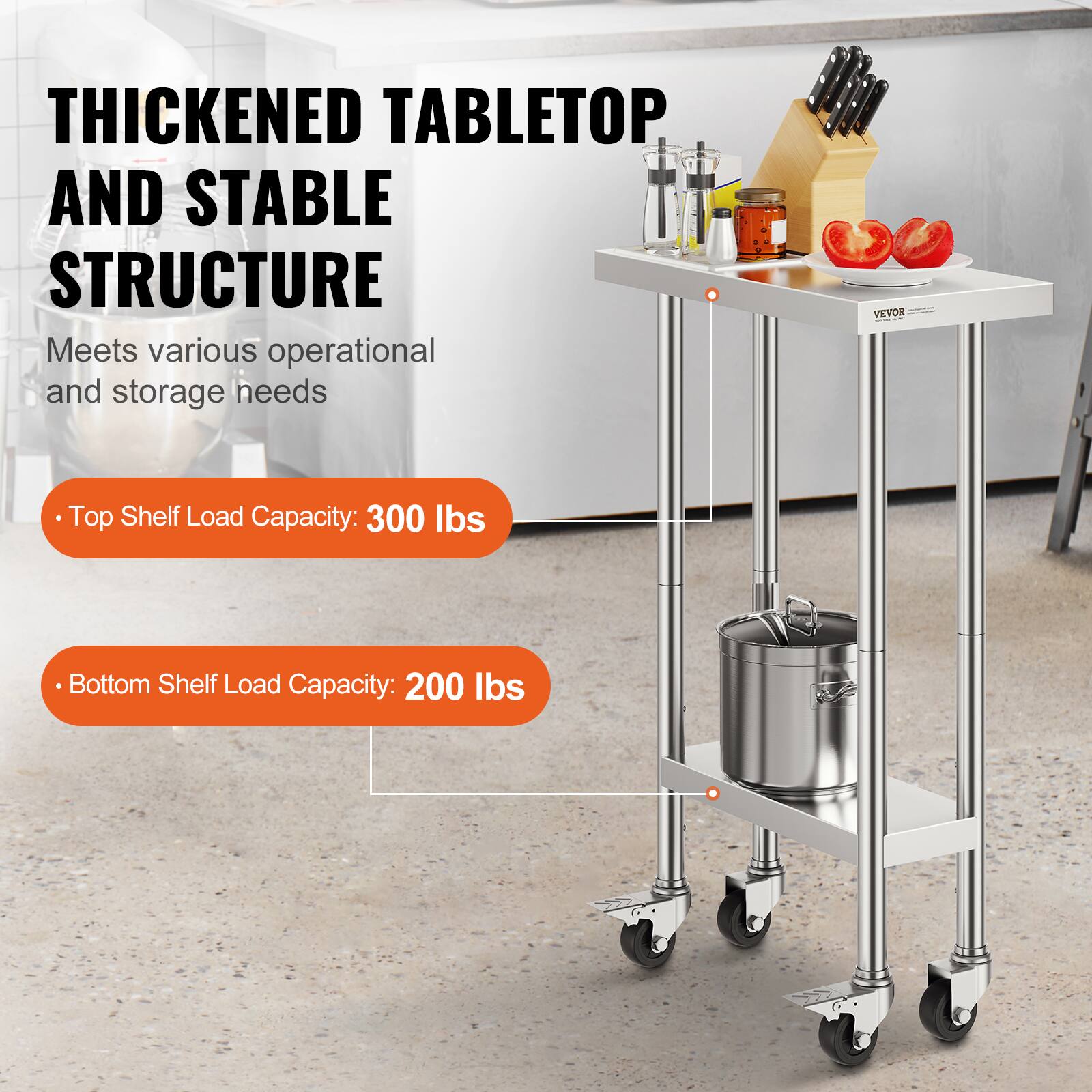 THICKENED TABLETOP AND STABLE STRUCTURE  
Meets various operational and storage needs  

- Top Shelf Load Capacity: 300 lbs  
- Bottom Shelf Load Capacity: 200 lbs