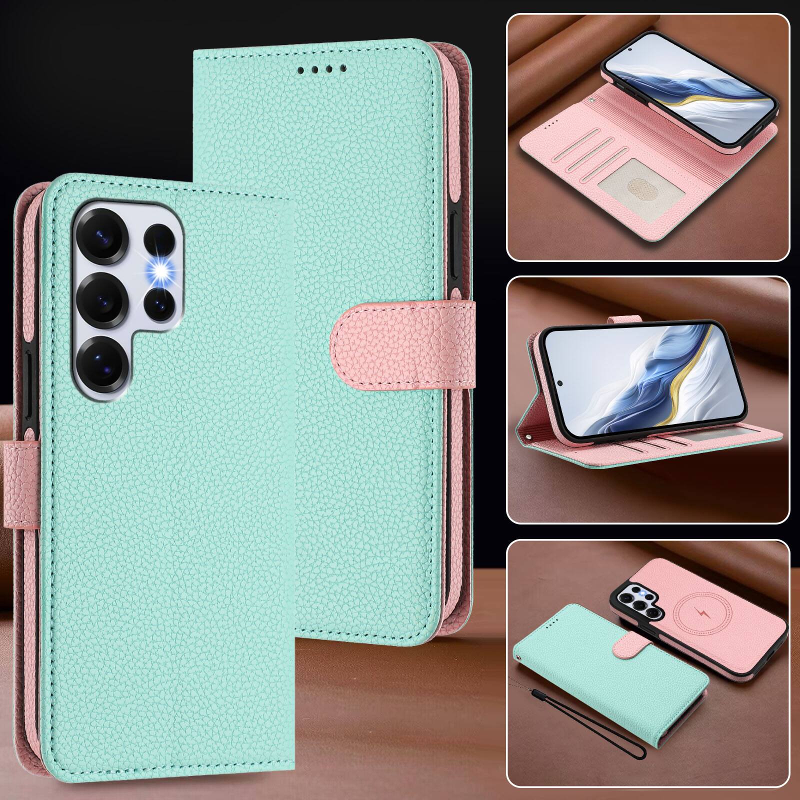 Alt View 4. Dteck - Magnetic Detachable 2-in-1 Wallet Case for Samsung Galaxy S25 Ultra,PU Leather Flip Cover with Card Slots & Wrist Strap - Mint.