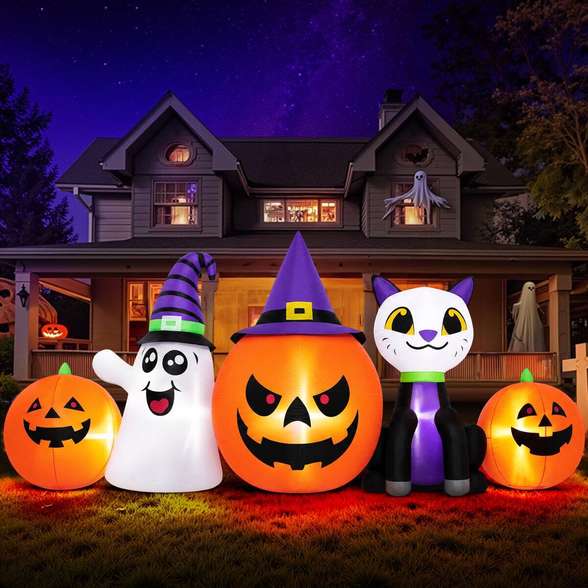 Alt View 6. Wisairt - 8ft Inflatable Pumpkin Ghost Cat with LED Lights - Outdoor Decor - Green|White|Red.