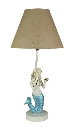Zeckos - Blue Glitter Tail Mermaid Nautical Table Lamp Burlap Coastal Decor accent light - Beige