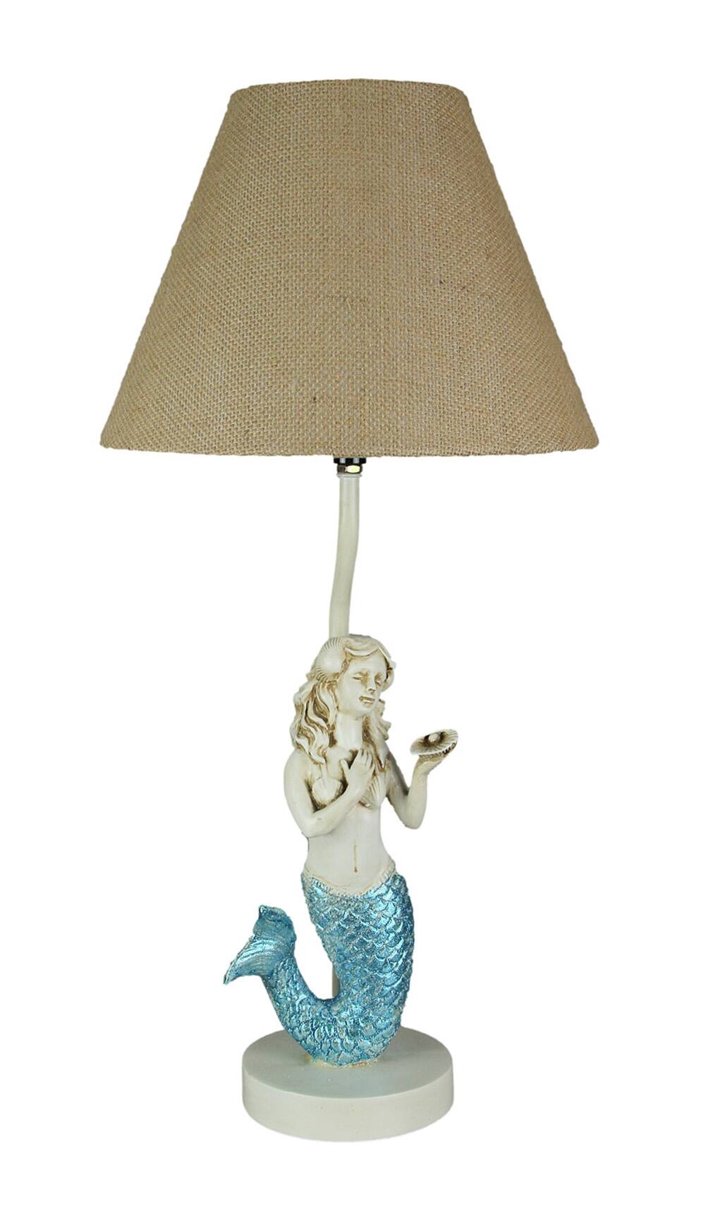 Front. Zeckos - Blue Glitter Tail Mermaid Nautical Table Lamp Burlap Coastal Decor accent light - Beige.