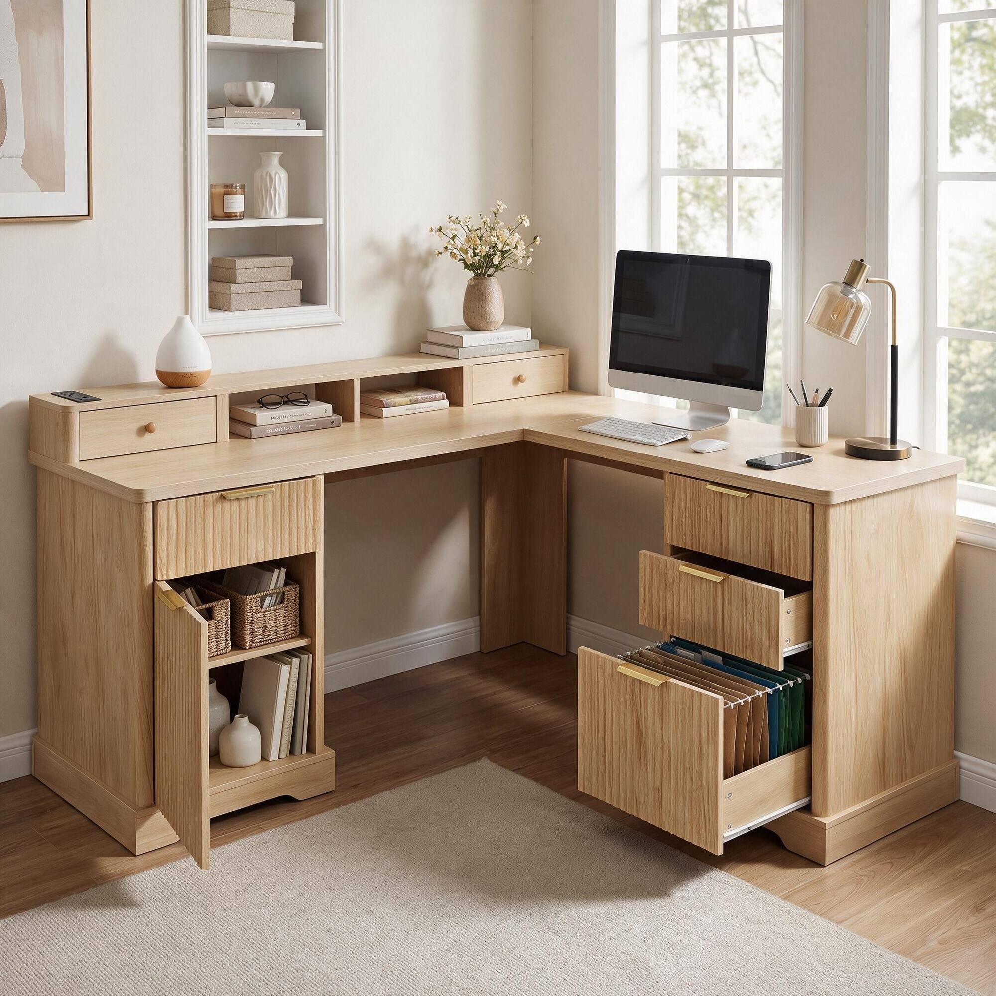 Alt View 3. RYHNUYNE - 59.45 in L-Shaped Desk with Charging Station, Fluted Oak Finish, Storage Cabinet and Monitor Stand, Home Office Corner - Light Oak.