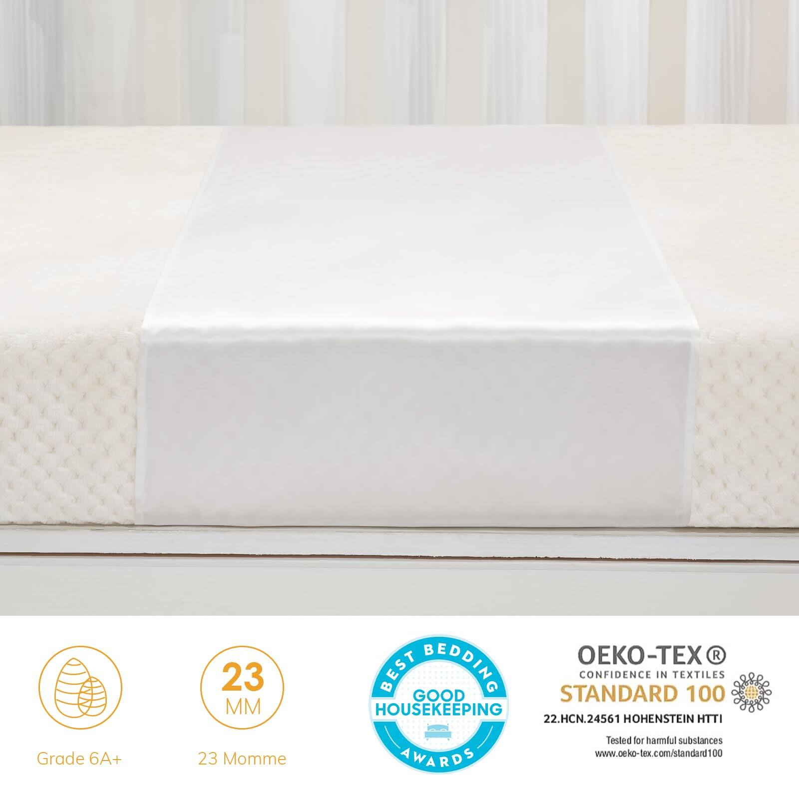23 MM BEDDING - BEST GOOD STANDARD CONFIDENCE IN TEXTILES 100 HOUSEKEEPING  
22.HCN.24561 HOHENSTEIN HTTI Grade 6A+  
23 Momme  
AWARDS  
Tested for harmful substances  
www.oeko-tex.com/standard100