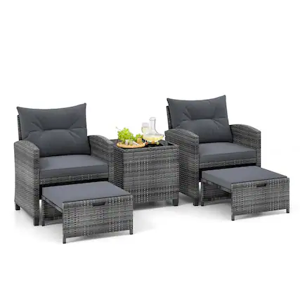 Front. Costway - 5 Piece Patio Rattan Furniture with 2 Ottomans & Tempered Glass Coffee Table - Grey + Mix Grey.