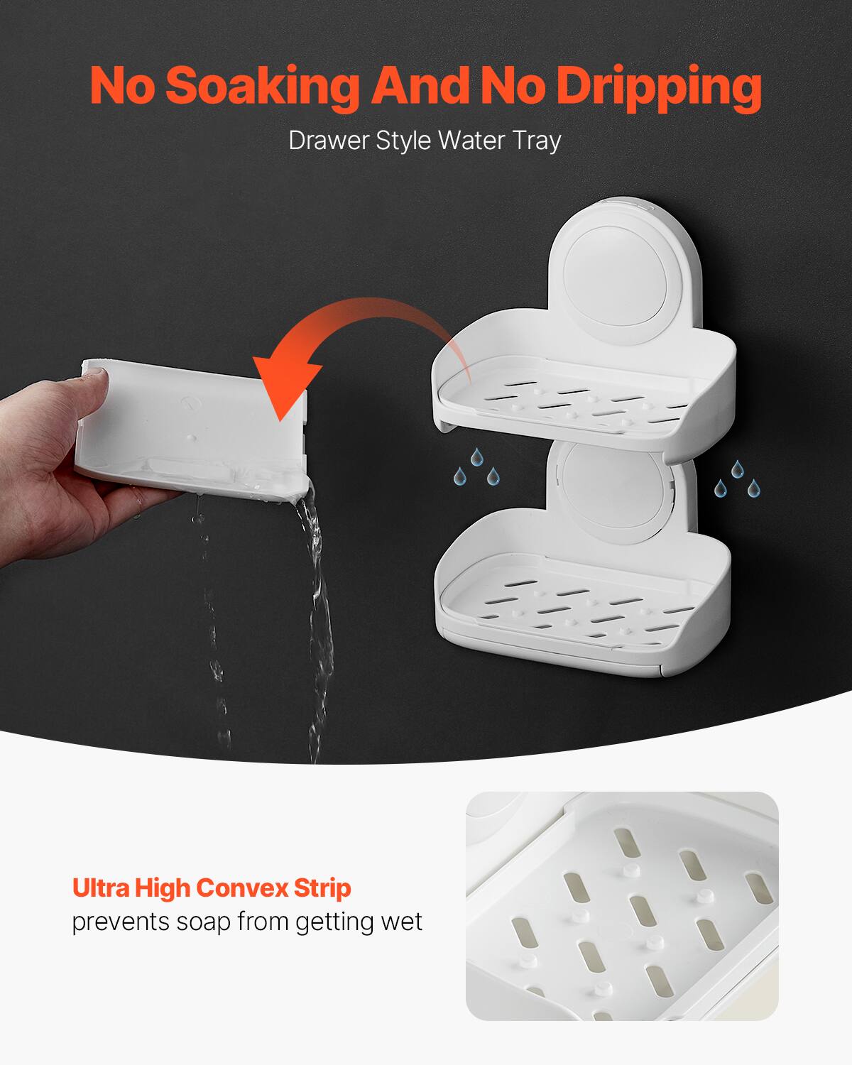 No Soaking And No Dripping  
Drawer Style Water Tray  

Ultra High Convex Strip  
prevents soap from getting wet