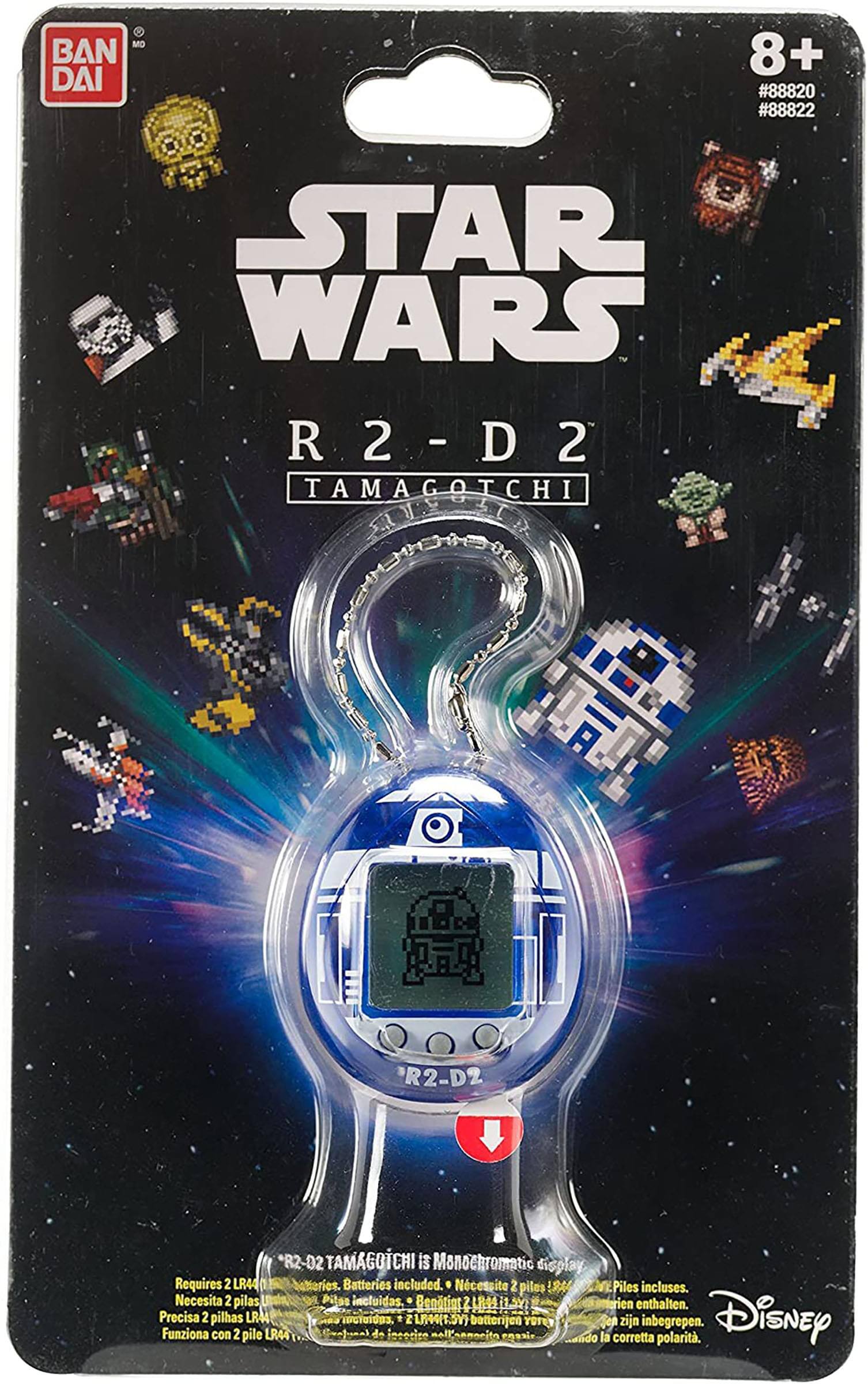 MO BAN DAI 8+ #88820 #88822 STAR WARS R2-D2 TAMAGOTCHI R2-D2 *R2 02 TAMAGOTCHI is Monochromatic display Requires 2 LR44 batteries. Batteries included. 1 Necessite 2 piles MC Piles incluses. Necesita 2 pilas Pilss incluidas, Bendtiat 2 LM rien enthalten. Precisa 2 pilhas LRA4 DCIOIUES 2 41.SY) batterijen YOTUY Sen zijn inbegrepen. Disney Funziona con 2 pile LR44 de imcecire ll'anmocito ando la corretta polarit.