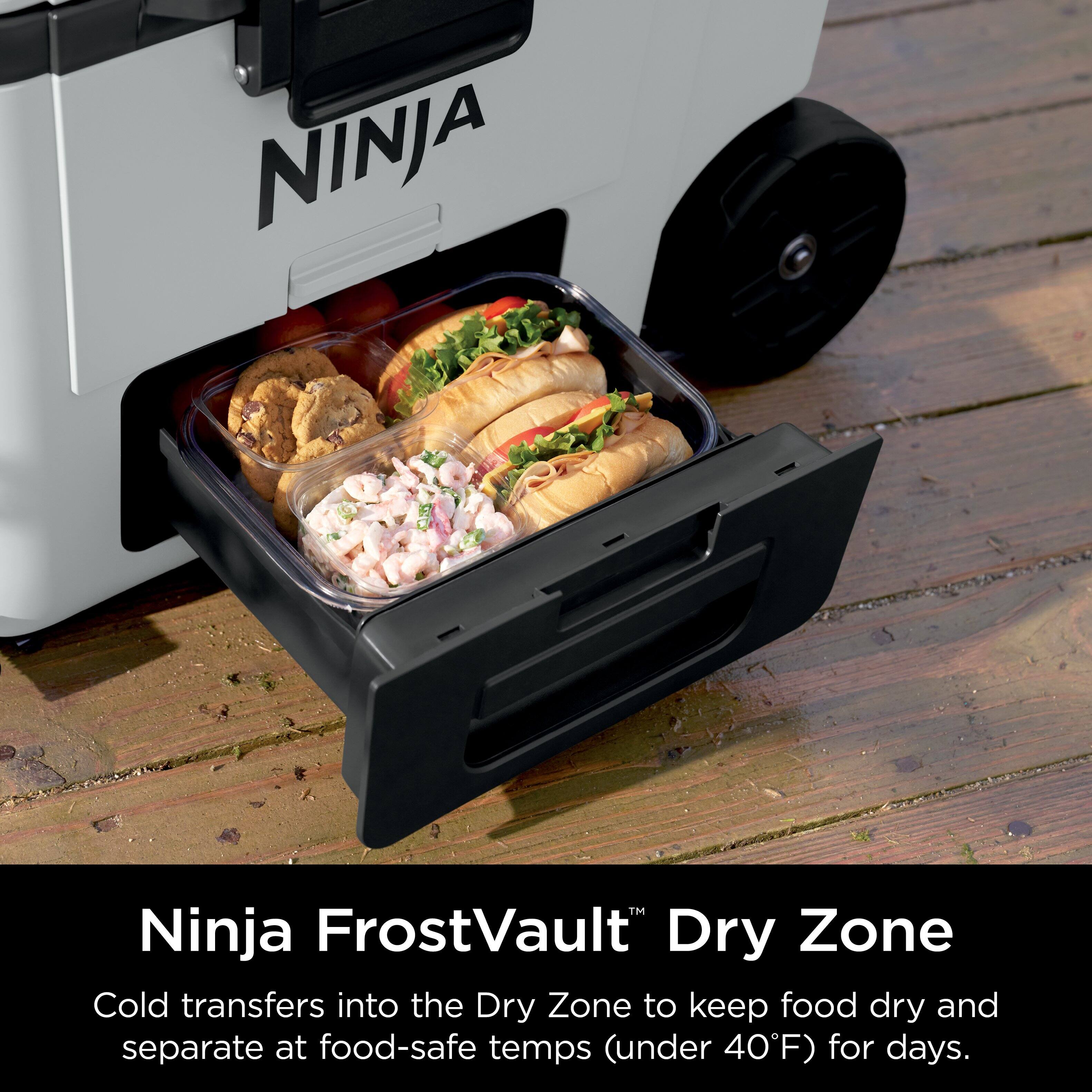 Ninja FrostVault Dry Zone: Cold transfers into the Dry Zone to keep food dry and separate at food-safe temps (under 40F) for days.