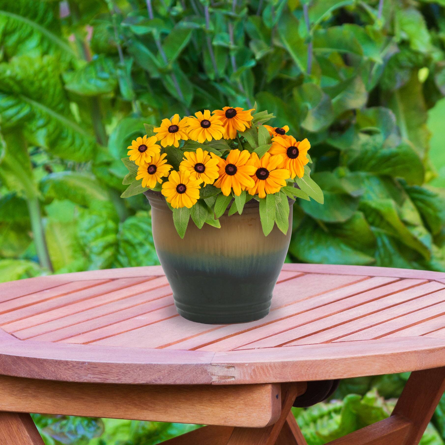 Alt View 8. Sunnydaze - 11 in Studio Glazed Ceramic Planter - Set of 2 - Forest Lake Green.