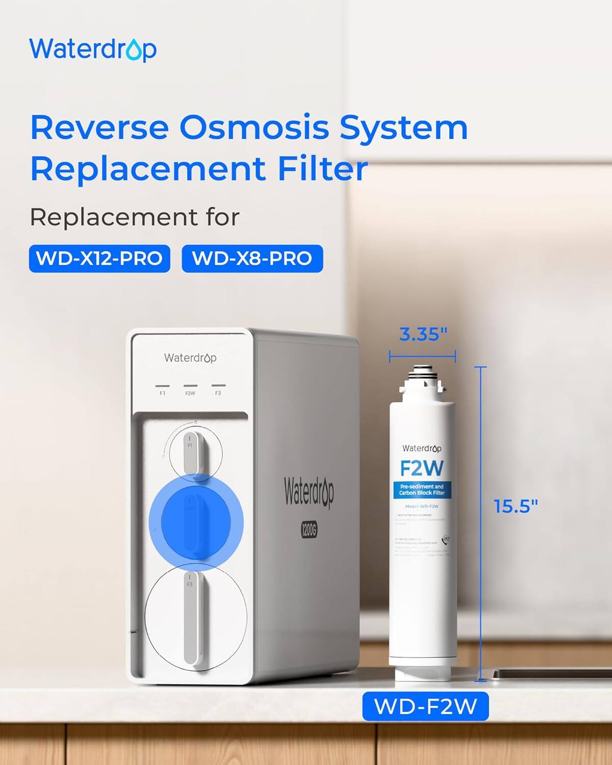 Waterdrop Reverse Osmosis System Replacement Filter Replacement for WD-X12-PRO WD-X8-PRO Waterdrop 3.35" F1 FZW F3 - I P Watedrdg 120G Waterdrop F2W Pre-sediment and Carbon Block Filter - FIA 15.5" I P1 WD-F2W