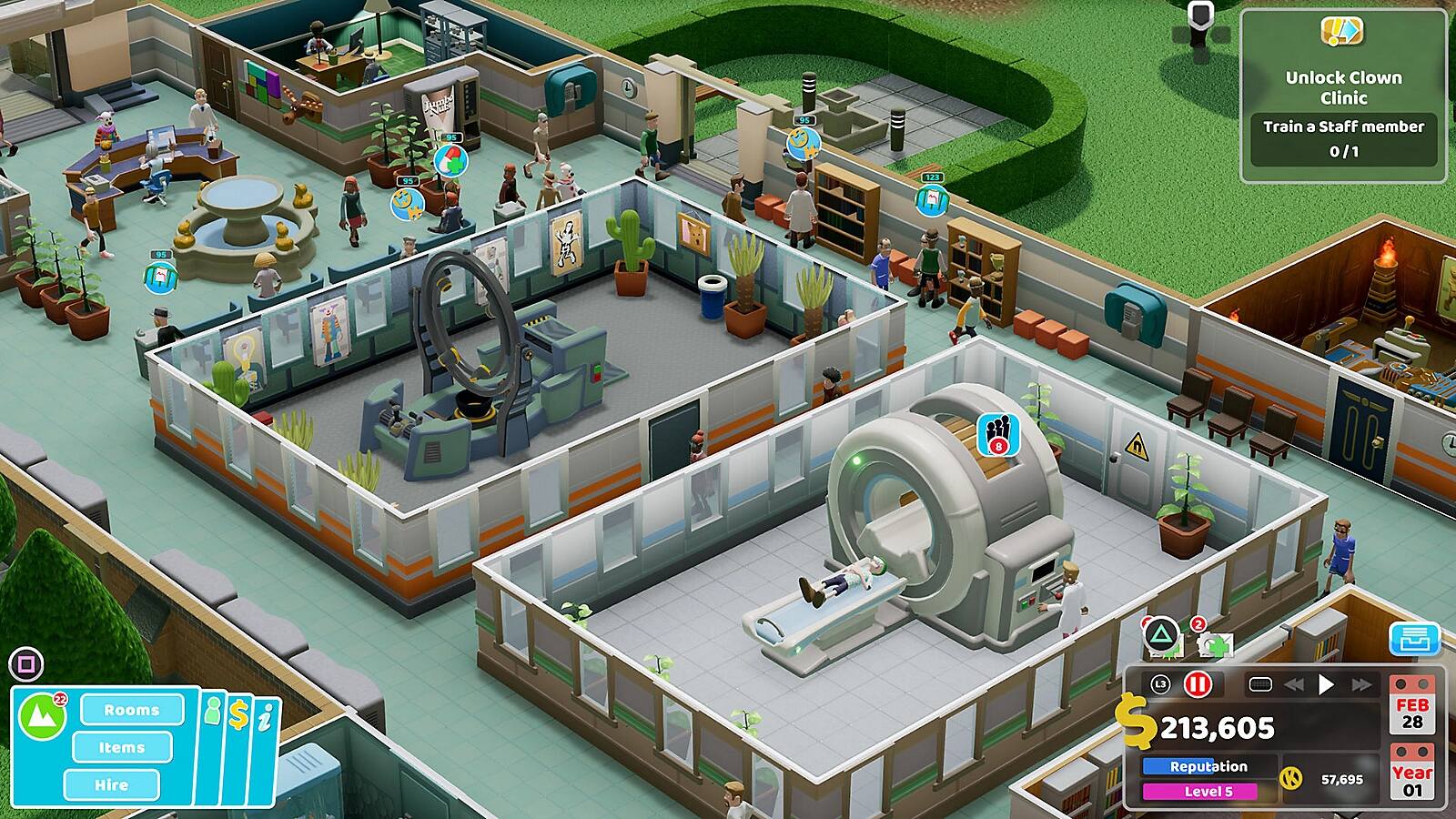 ! 9 L 35 Unlock Clown Clinic Train a Staff member 0/1 95 35 E 123 A 8 2 2 22 Rooms Items Hire $ L3 " $ 213,605 Reputation 1 57,695 Level 5 FEB 28 Year 01