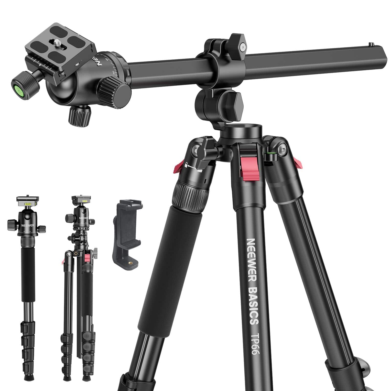 Neewer - 64.5" Overhead Tripod for Horizontal Shots - with Ball Head & Phone Holder for iPhone Video - Black