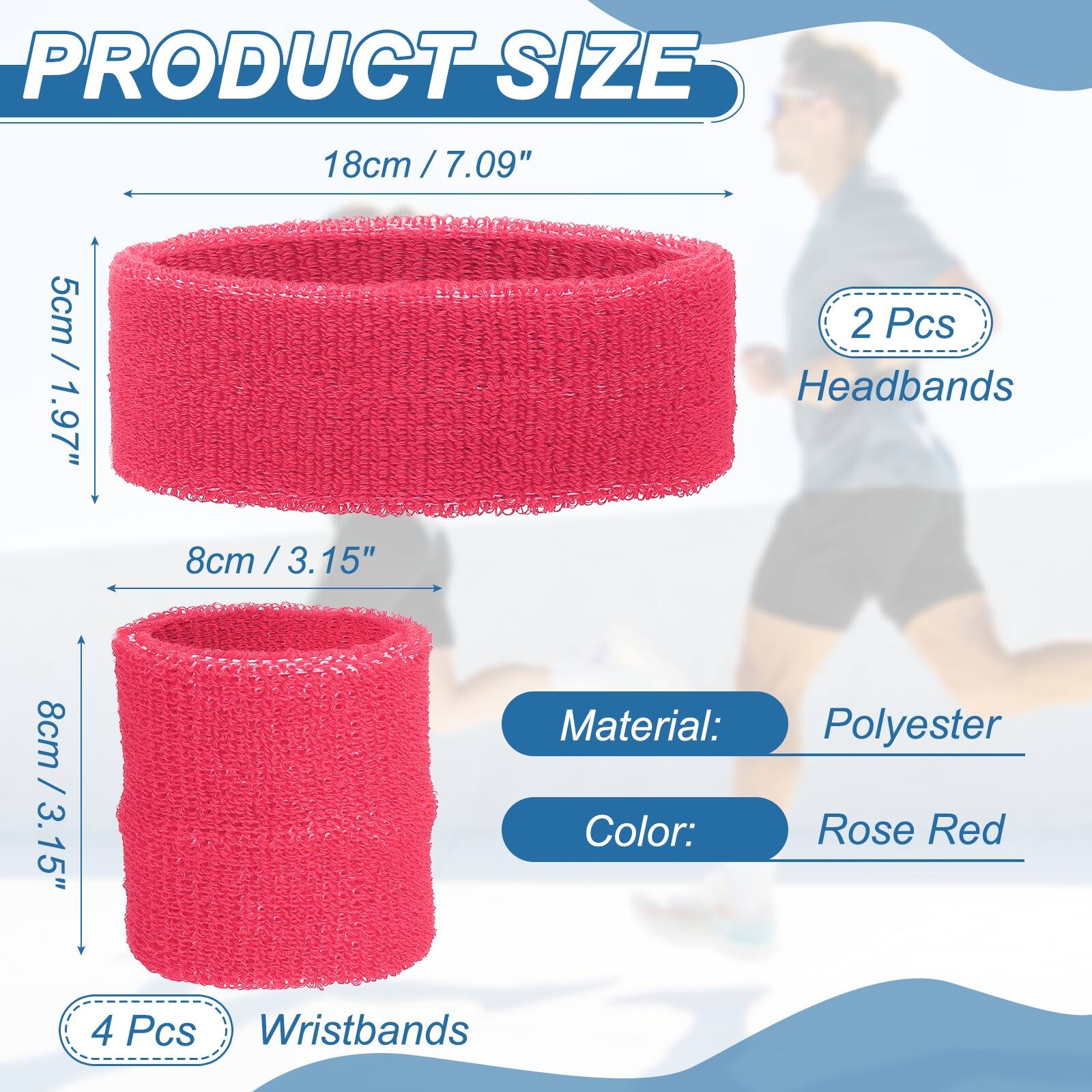 PRODUCT SIZE

18cm / 7.09"  
5cm / 1.97"  
8cm / 3.15"  

2 Pcs Headbands  
4 Pcs Wristbands  

Material: Polyester  
Color: Rose Red