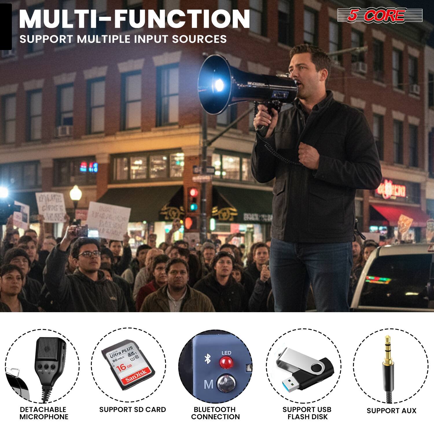 MULTI-FUNCTION  
SUPPORT MULTIPLE INPUT SOURCES  

5 CORE  

- DETACHABLE MICROPHONE  
- SUPPORT SD CARD  
- BLUETOOTH CONNECTION  
- SUPPORT USB FLASH DISK  
- SUPPORT AUX