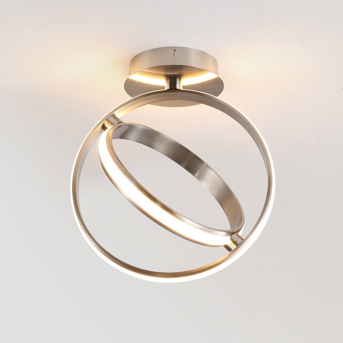 Alt View 1. Jonathan Y - Nicole 14.25" 2-Light Modern Minimalist Aluminum Ring Integrated LED Semi Flush Mount, Nickel - Nickel.