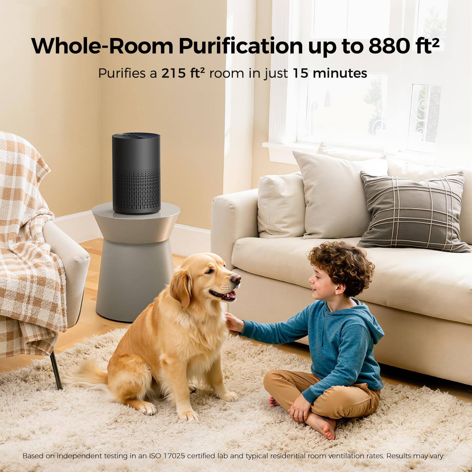 Whole-Room Purification up to 880 ft²  
Purifies a 215 ft² room in just 15 minutes  

Based on independent testing in an ISO 17025 certified lab and typical residential room ventilation rates. Results may vary.