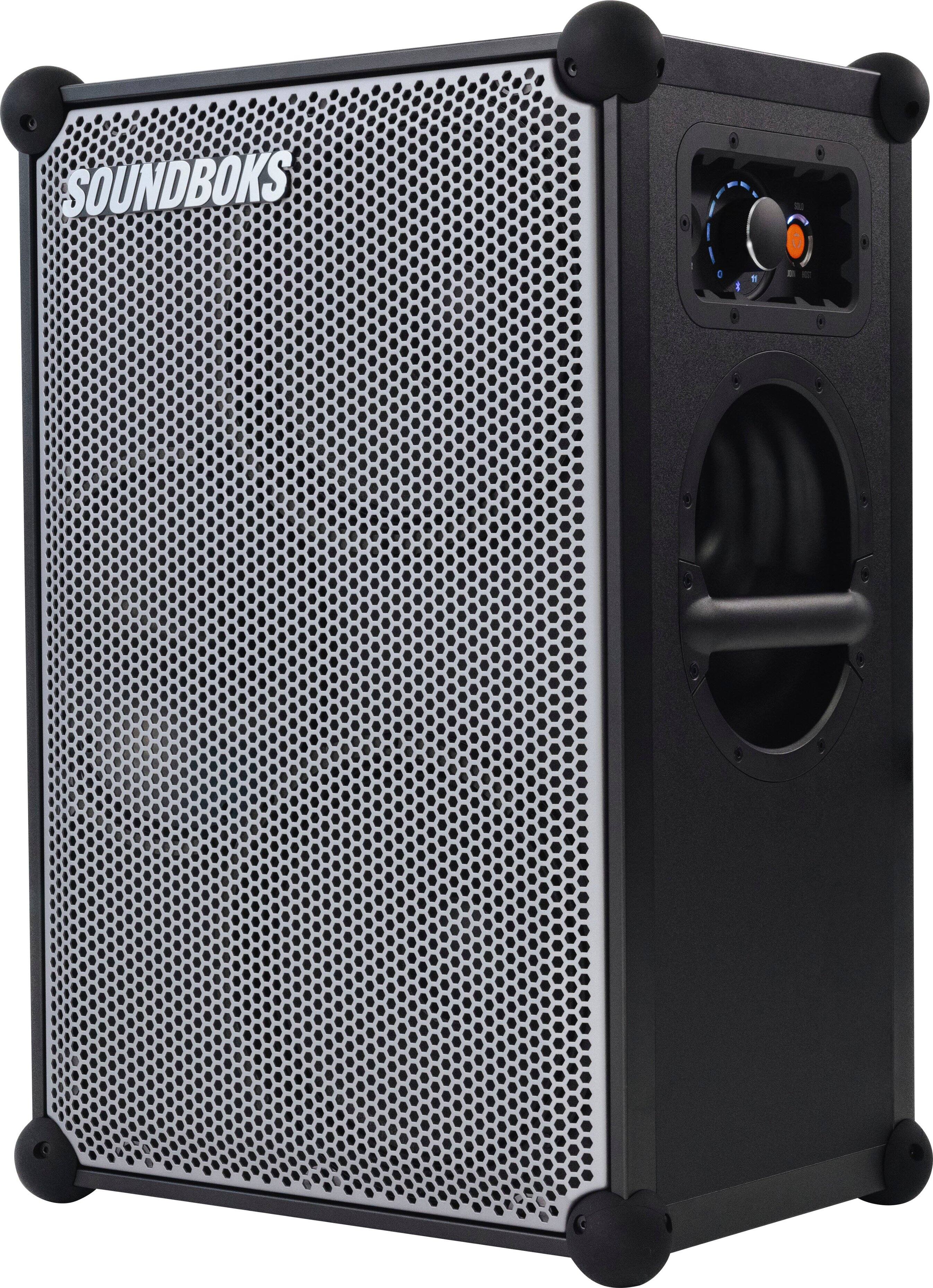 Angle. SOUNDBOKS - 4 - Portable Bluetooth Speaker with Swappable Rechargable Battery - Metallic Gray.
