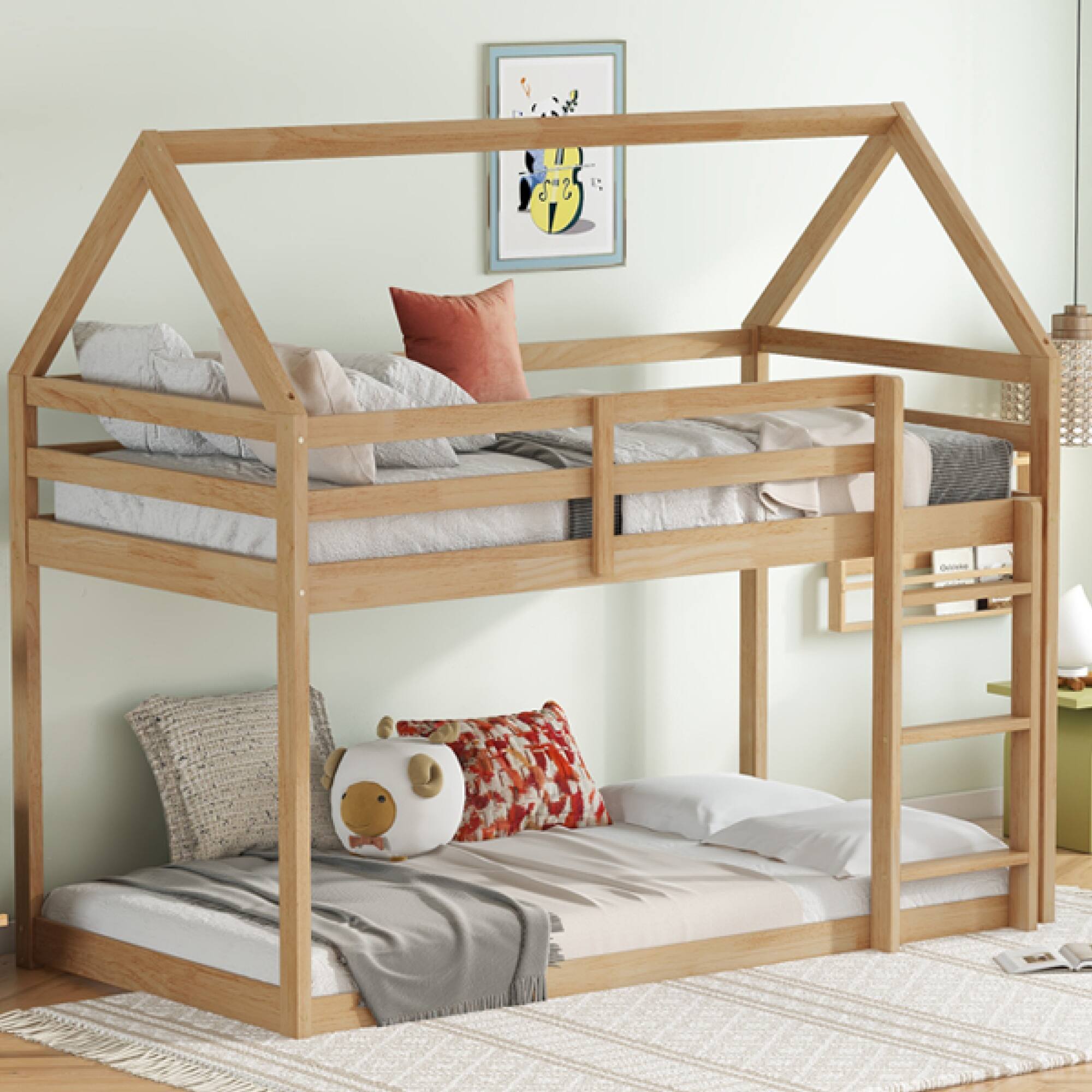 Alt View 10. GOODSILO - House-Shaped Twin Over Twin Rubber Wood Bunk Bed with Ladder and Guardrails for Kids - White+Oak.