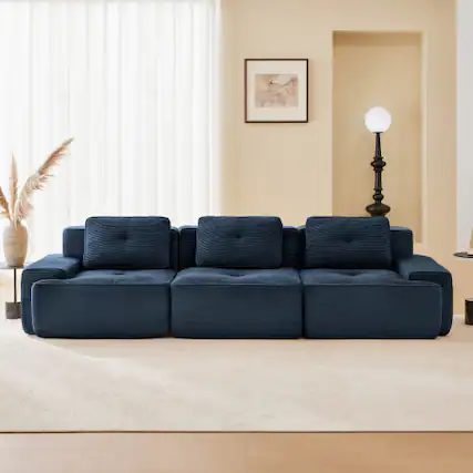 Front. Anysun - 117" Corduroy Modular Sectional Sofa - Oversized 3-Seat Deep-Seat Couch, Pearl Piping, Tufted, Buckle Connection - Blue.