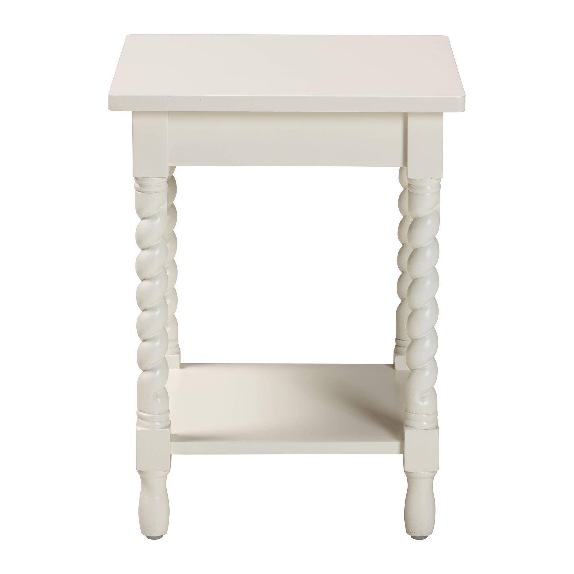 Alt View 1. bali & pari - Baxton Studio Niklas Nightstand with Twisted Legs - 1-Drawer Bedroom Side Table with Storage Shelf, White - White.