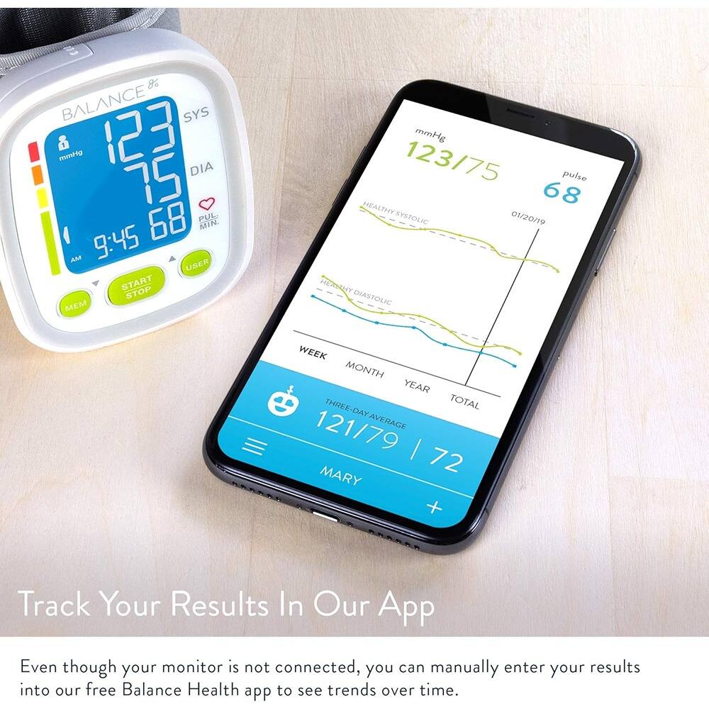 Sure, here is the corrected and grouped text:

---

**BALANCE SYS & DIA 83 PUL MIN. AM 9:45 USER START STOP MEM**

**mmHg 123/75 pulse 68**

**HEALTHY SYSTOLIC 01/20/19**

**DIASTOLIC WEEK MONTH YEAR THREE TOTAL DAY 121/79 AVERAGE 72**

**MARY**

---

**Track Your Results In Our App**

Even though your monitor is not connected, you can manually enter your results into our free Balance Health app to see trends over time.

---

**mmHg 123/75 pulse 68**

**HEALTHY SYSTOLIC**

**DIASTOLIC**

**01/20/19**

**WEEK MONTH YEAR TOTAL**

**121/79 | 72**

**MARY**

---

**Track Your Results In Our App**

Even though your monitor is not connected, you can manually enter your results into our free Balance Health app to see trends over time.