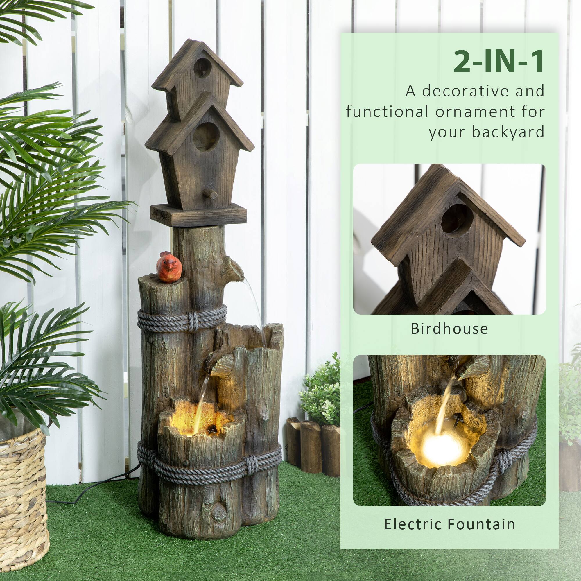 2-IN-1, A decorative and functional ornament for your backyard, Birdhouse, Electric Fountain